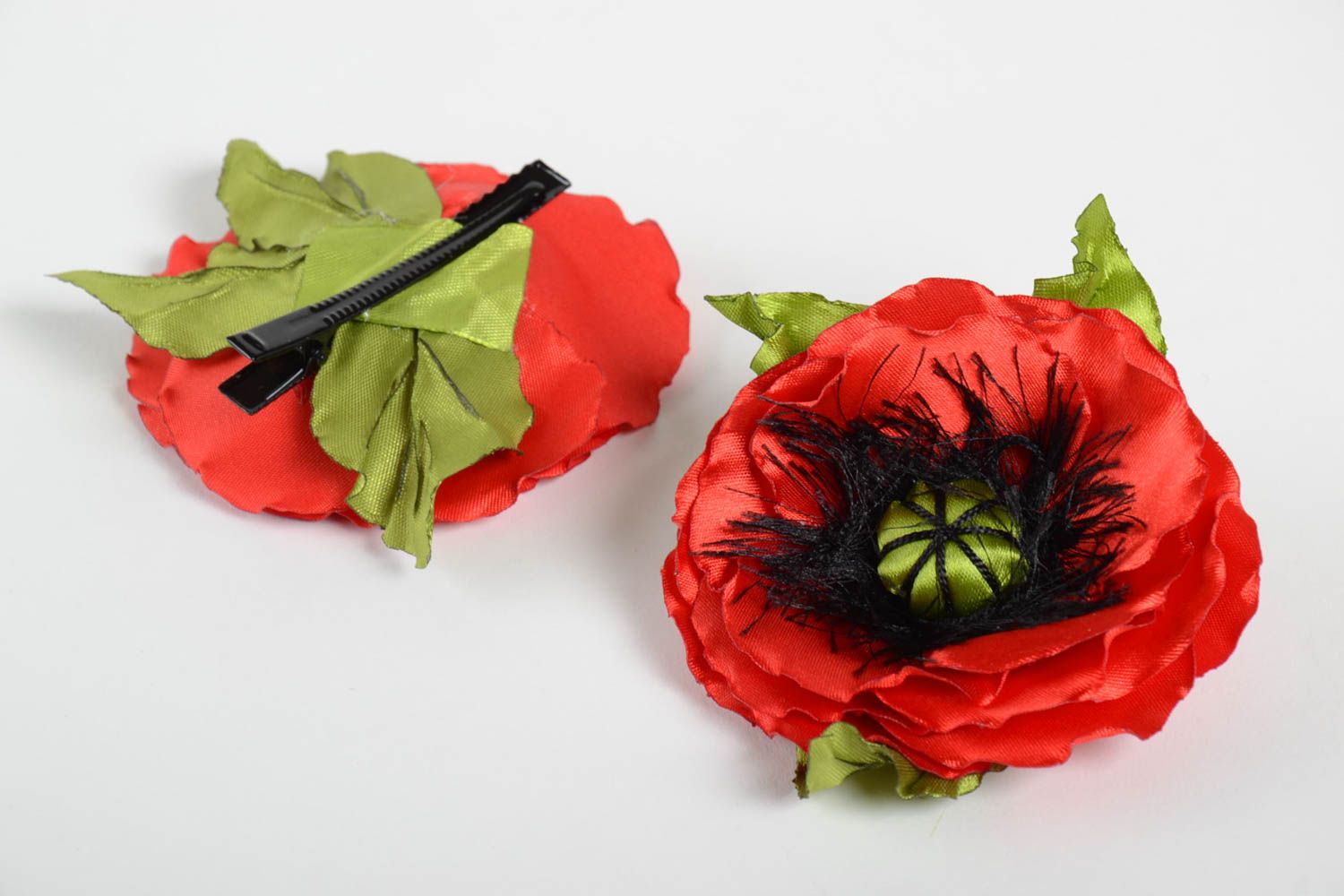 Set of 2 handmade accessories textile flower barrettes satin ribbon hair clips photo 2