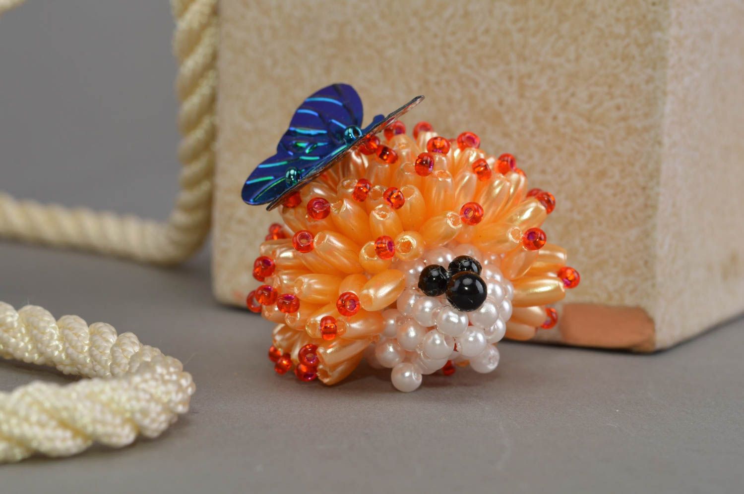 Small collectible handmade designer beaded figurine of funny yellow hedgehog photo 1