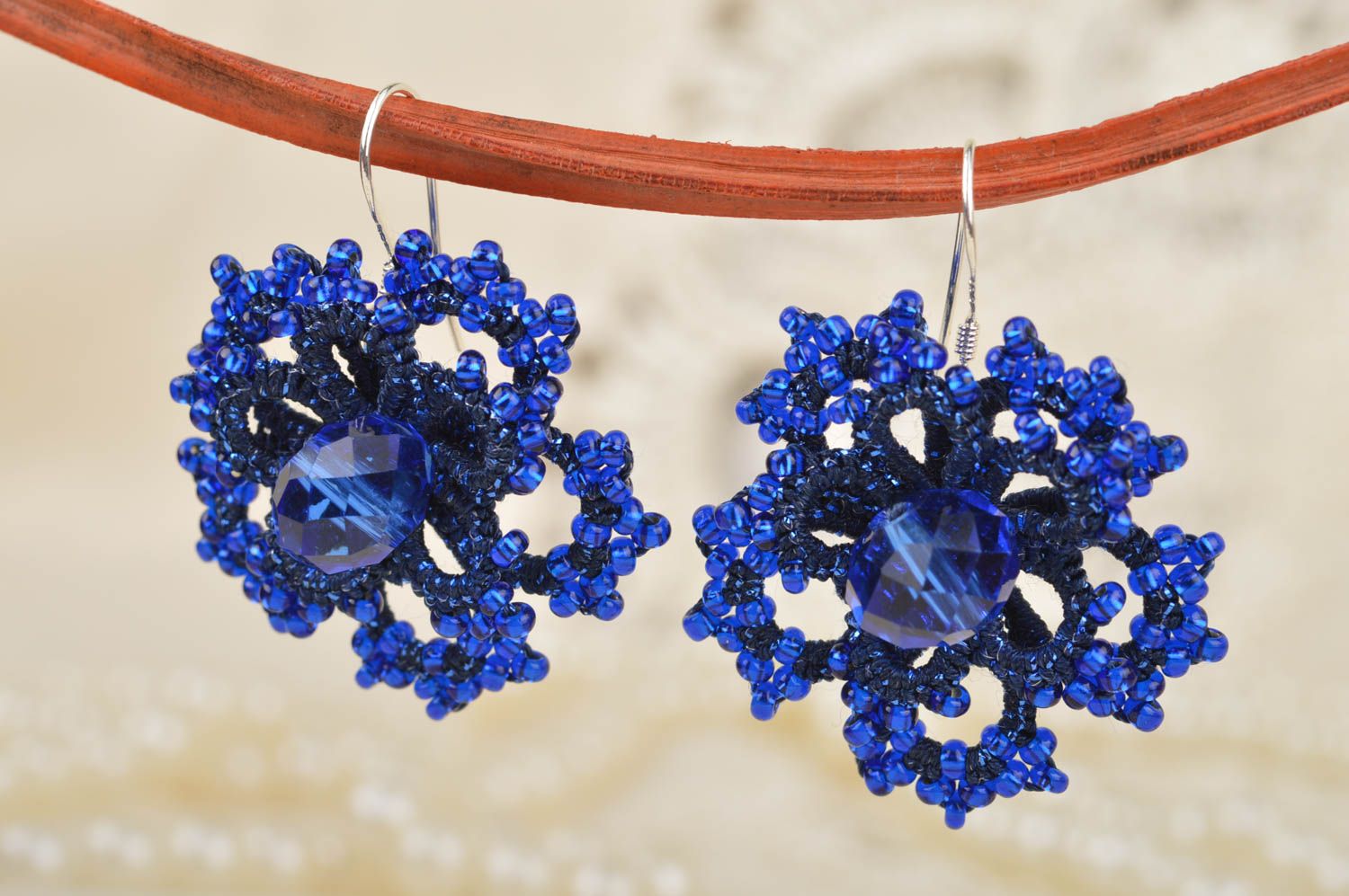 Handmade small flower shaped lacy tatted dangle earrings with beads bright blue photo 1