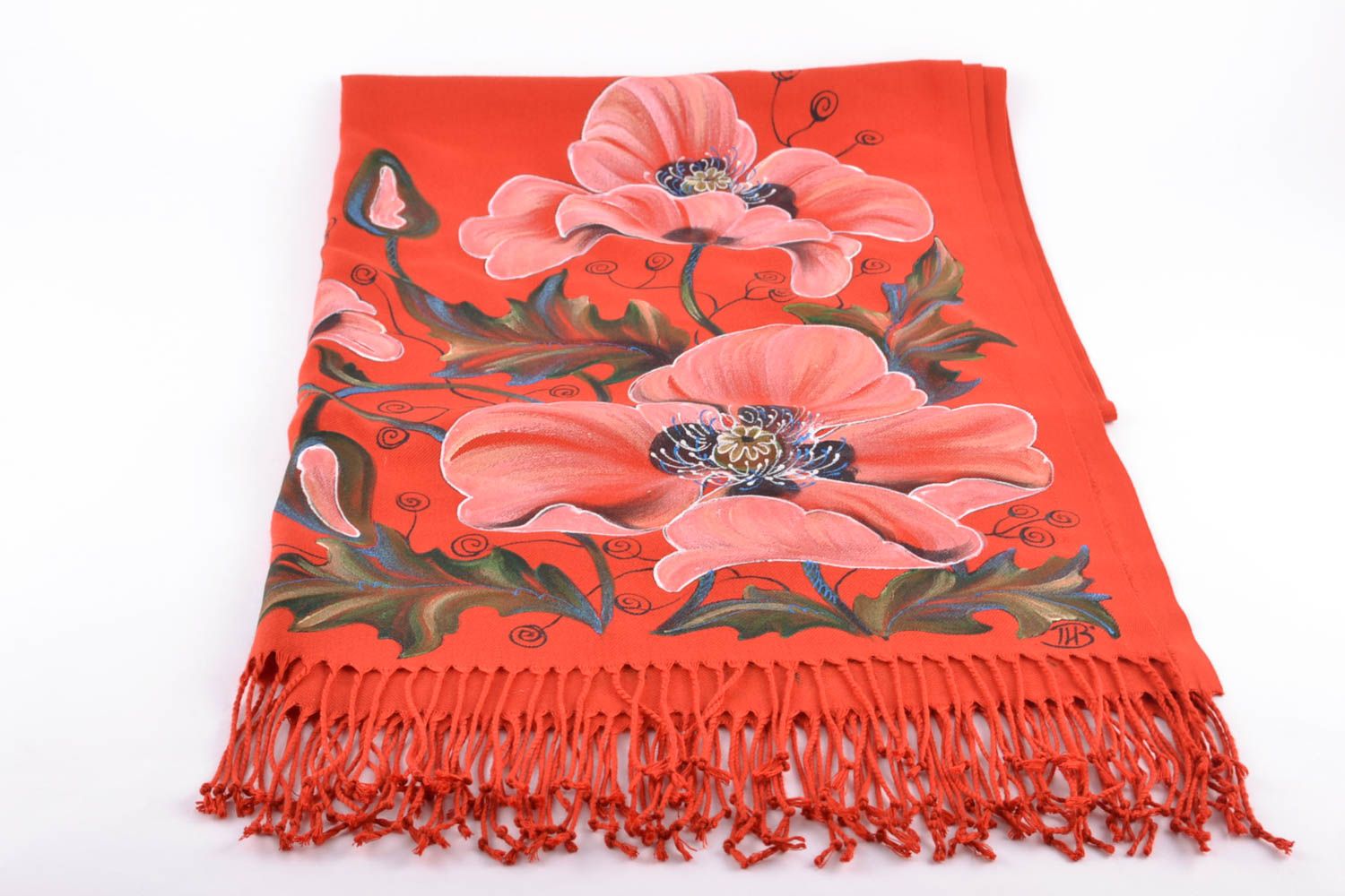 Warm cashmere scarf of red color with poppy flowers photo 2