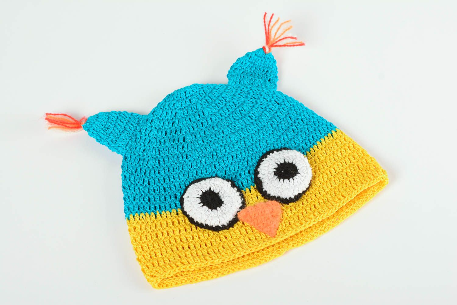 Bonnet tricoté pour enfant en forme de hibou jaune bleu fait main cadeau photo 2