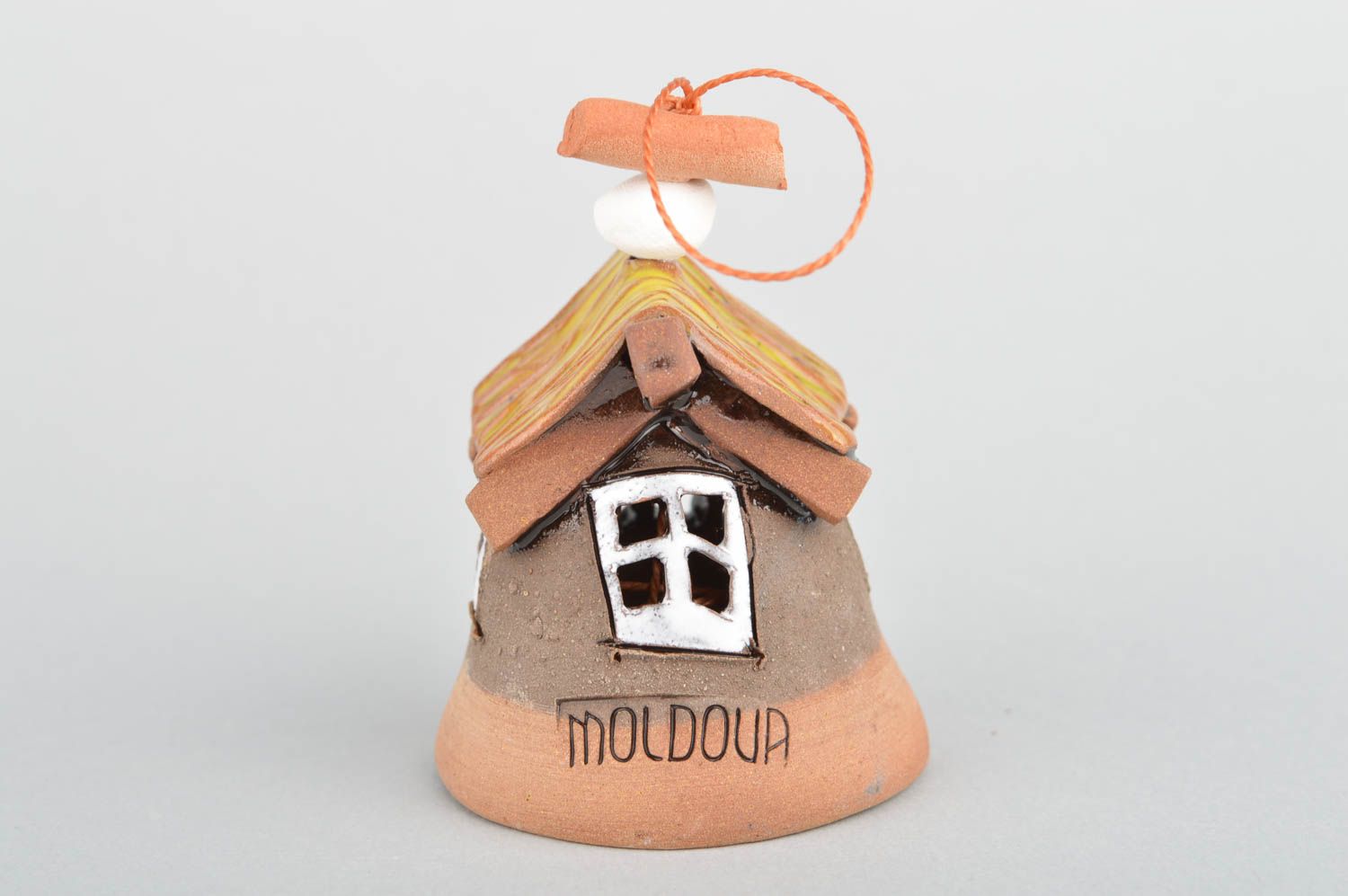 Handmade decorative wall hanging ceramic bell house with glazed yellow roof photo 2