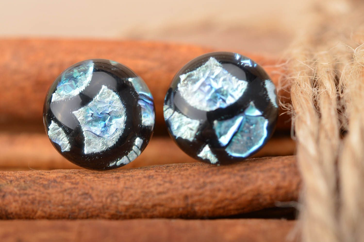 Handmade small round stud dichroic glass earrings black and blue Fish Scale photo 1