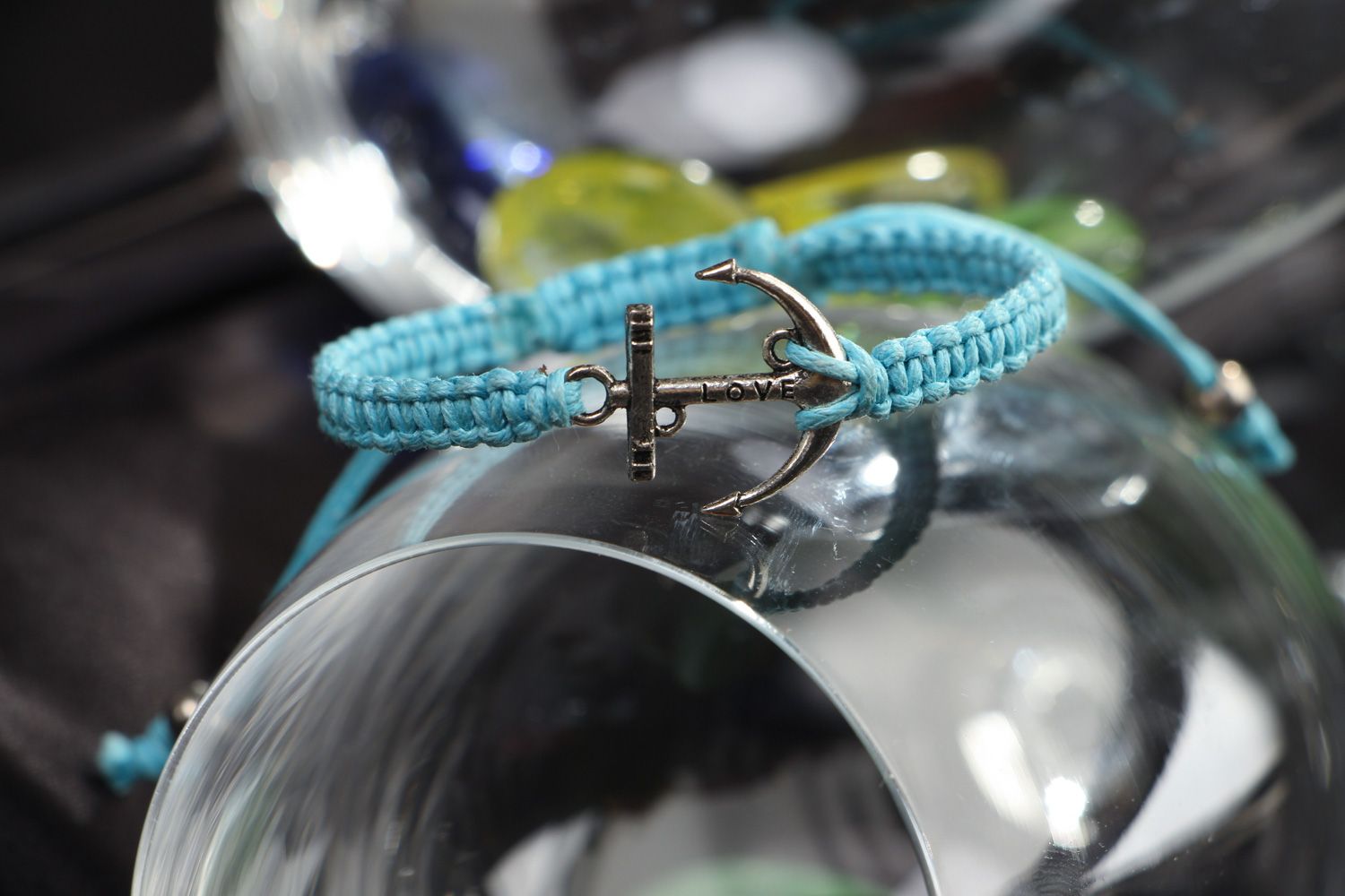 Handmade waxed cord wrist bracelet of blue color with metal charm Anchor for women photo 4