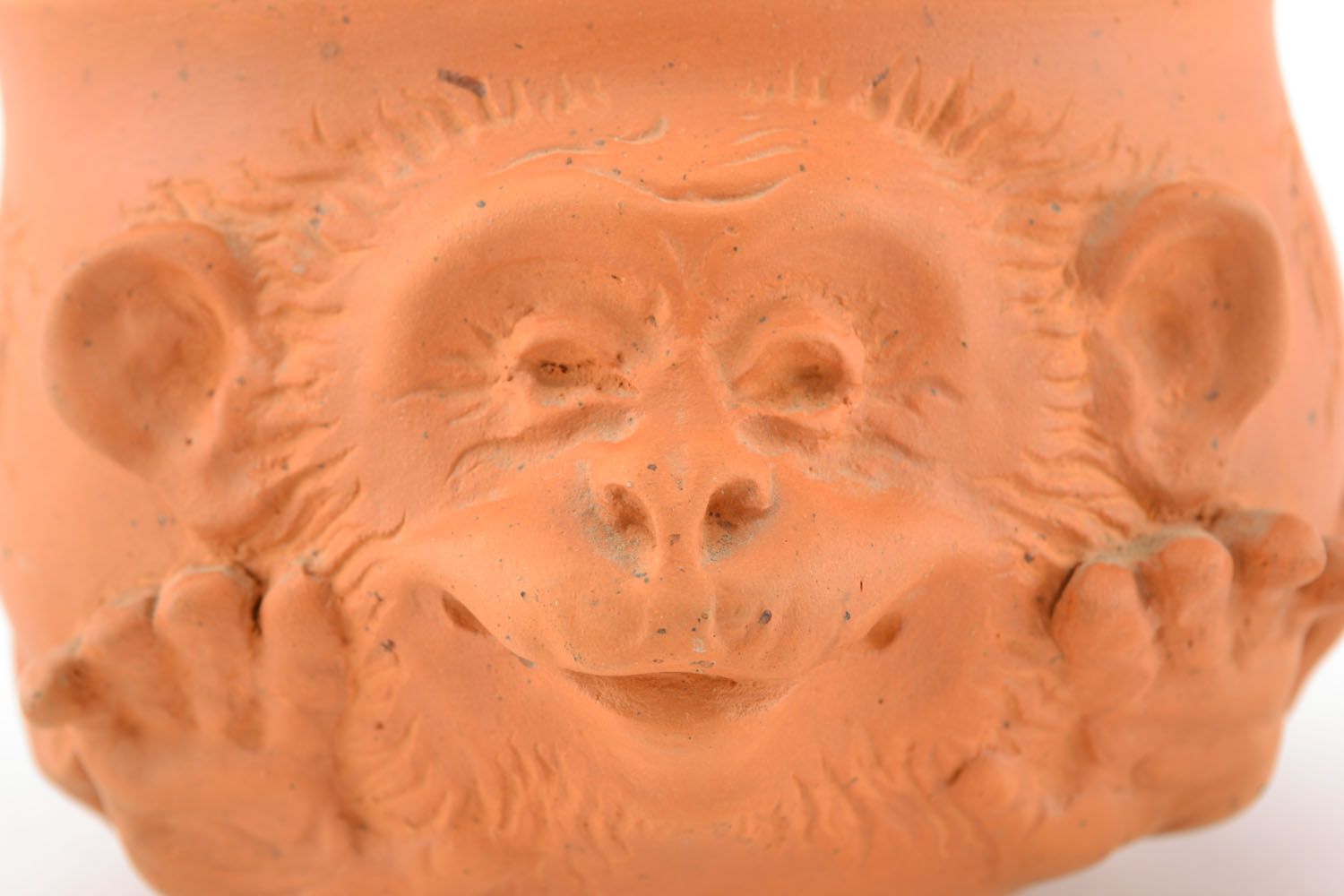Art clay Mexican coffee cup with molded monkey face in terracotta color photo 2