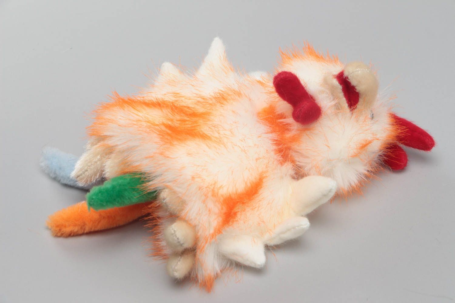 Unusual white and orange handmade faux fur fabric puppet toy for children photo 3