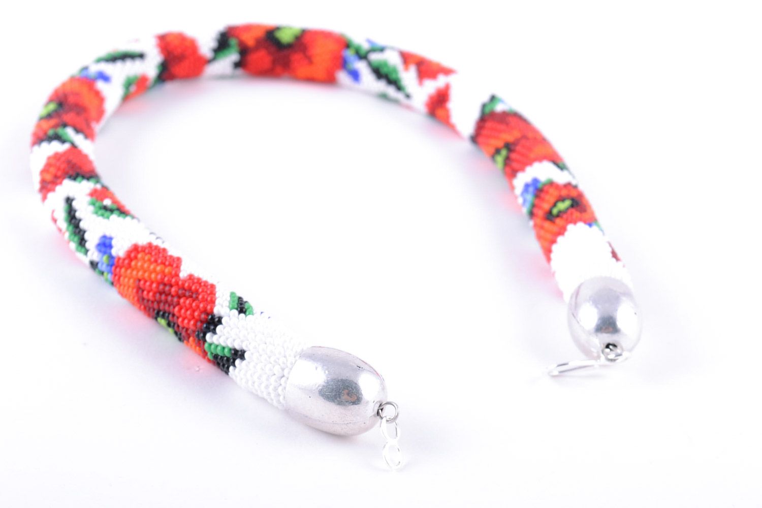 Beautiful handmade Czech bead cord necklace of white color with red poppies photo 5