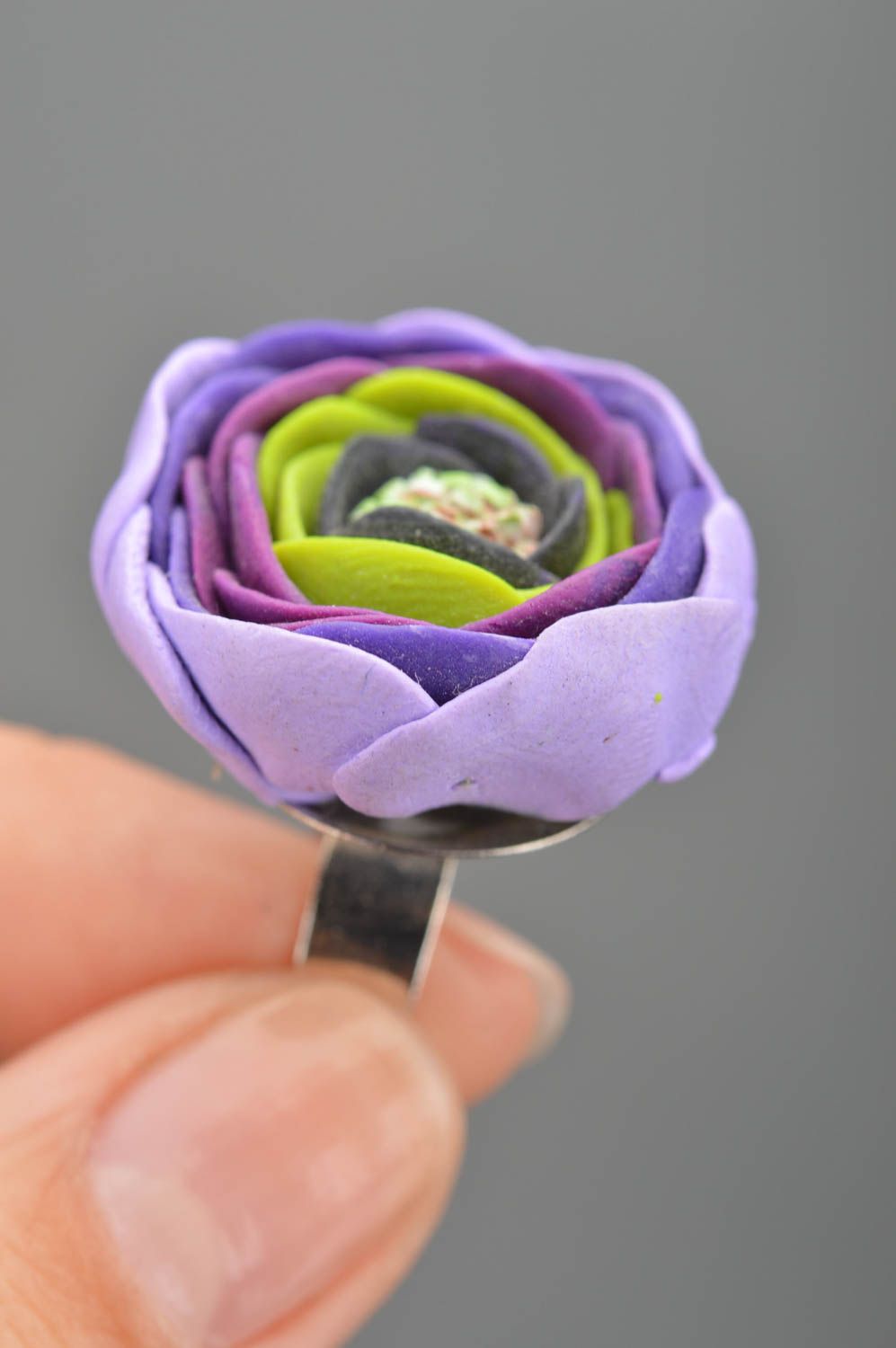 Purple flower ring made of polymer clay unusual handmade summer accessory photo 2