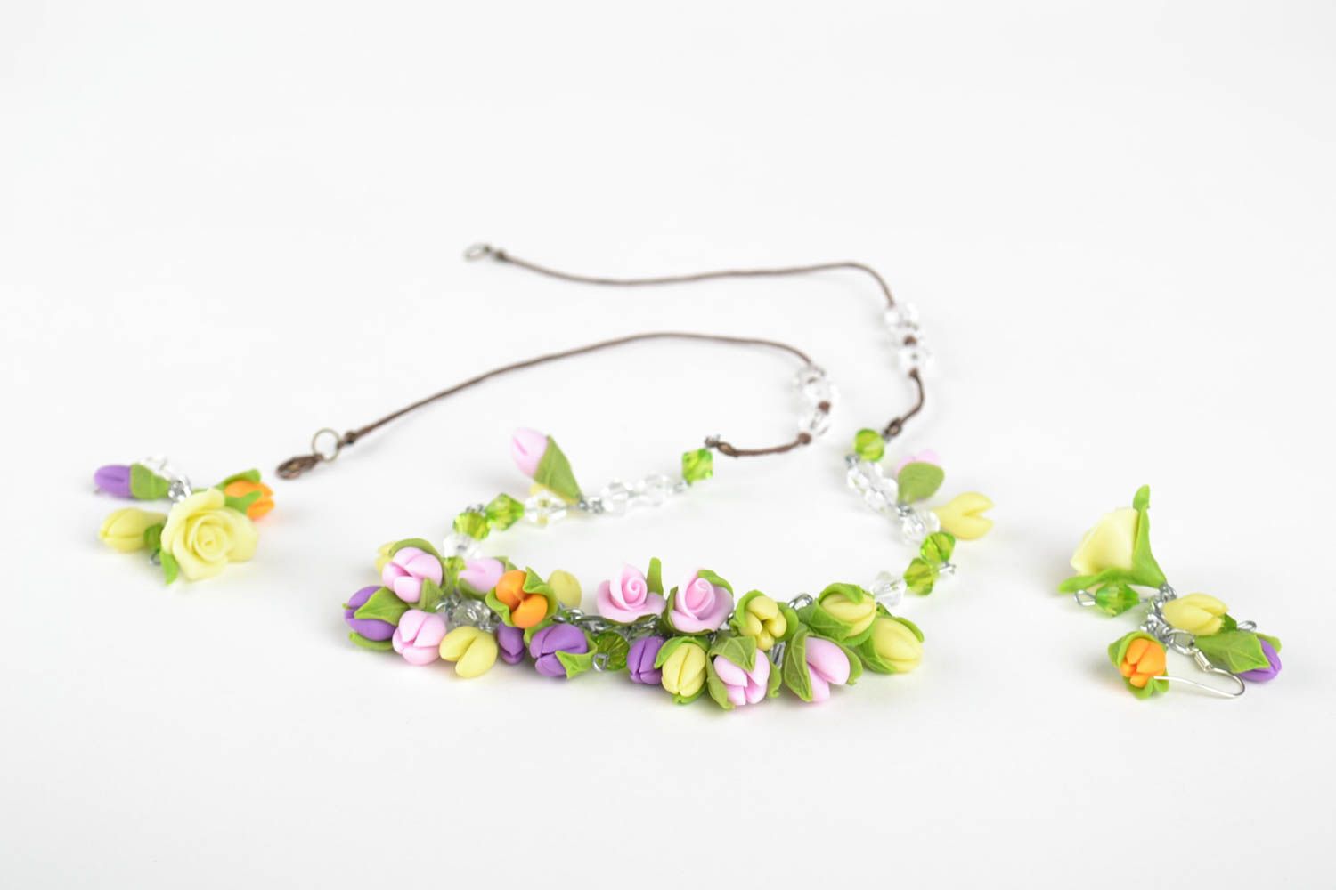 Handmade earrings and necklace with flowers designer floral bijouterie set photo 4