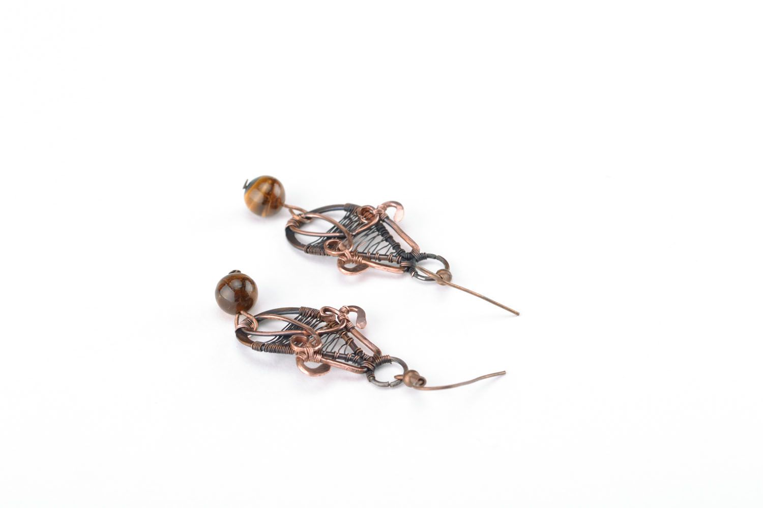 Copper earrings with tiger eye stone photo 3