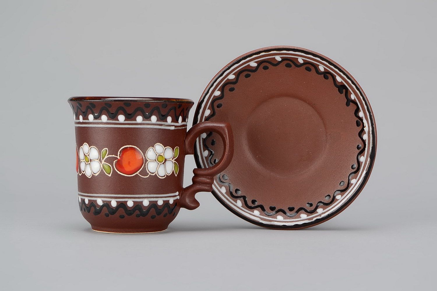 2 oz ceramic glazed decorative brown espresso cup with handle, saucer, and floral pattern photo 3