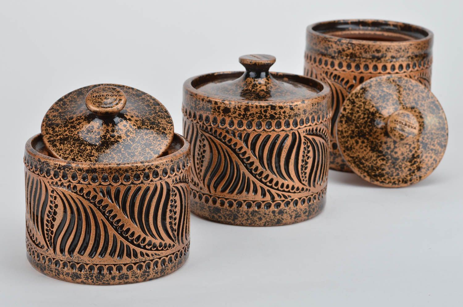 Conjunto de tarros de barro 3 piezas cerámica artesanal vasijas para especias foto 2