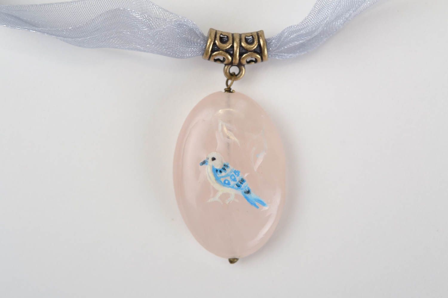 Pendentif ovale Bijoux fait main en quartz rose Accessoire femme oiseau photo 8