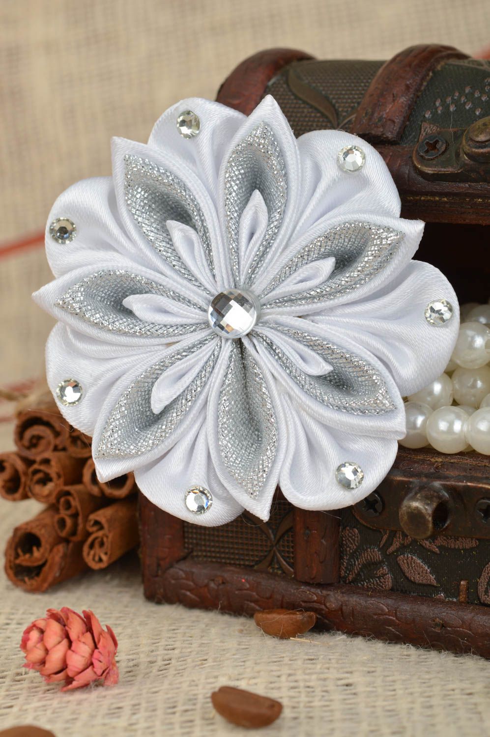 Designer volume handmade silver kanzashi flower hair clip with rhinestones photo 1