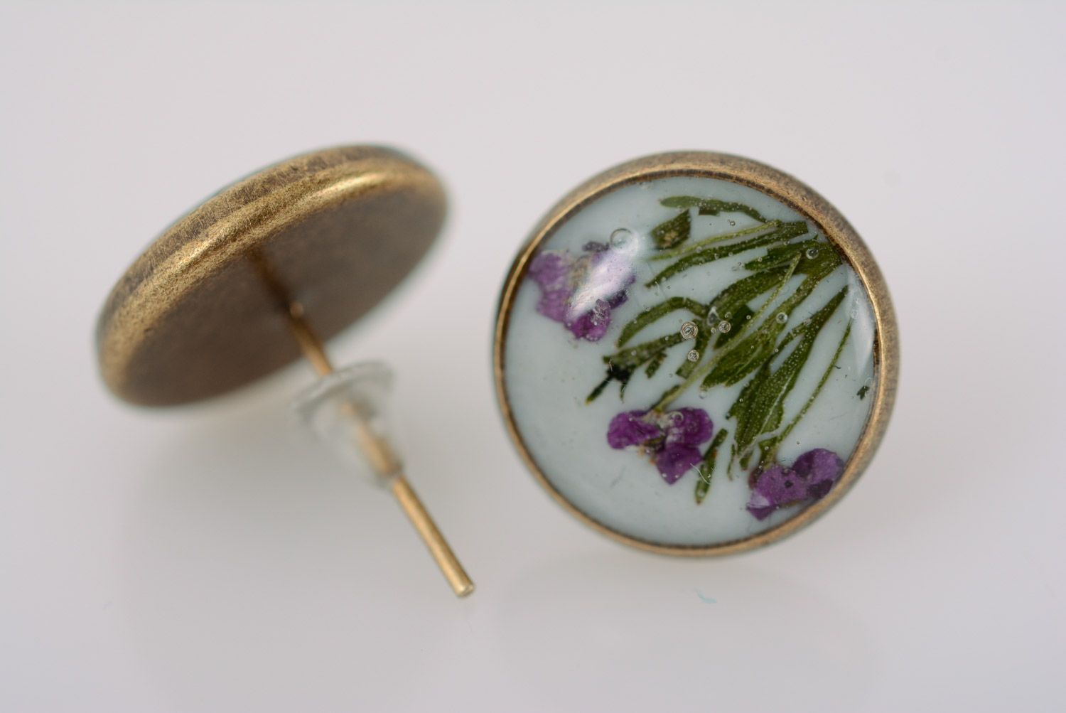 Handmade round stud earrings with tender floral composition in epoxy resin photo 2