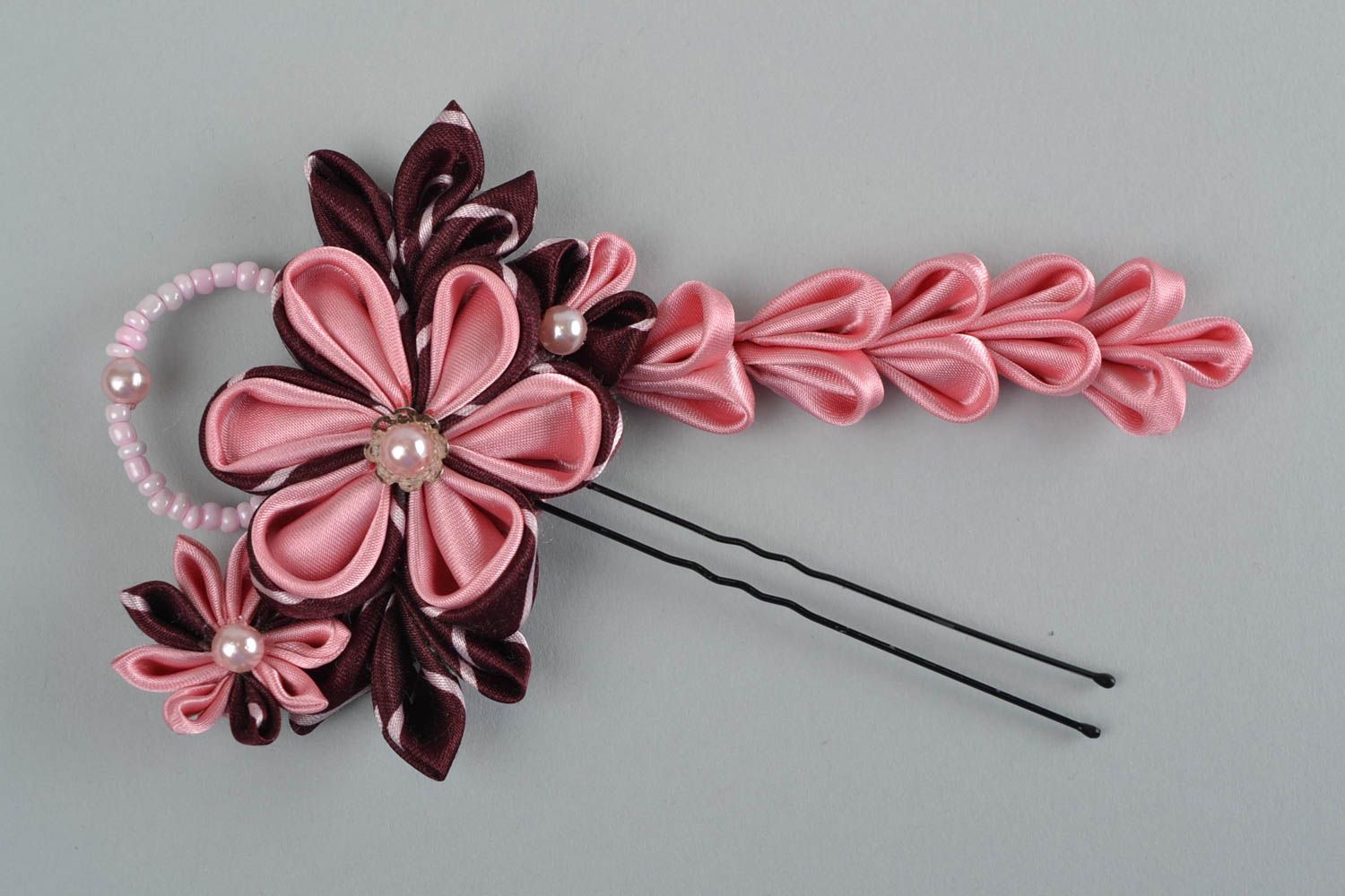 Unusual handmade satin ribbon flower hairpin kanzashi technique photo 2