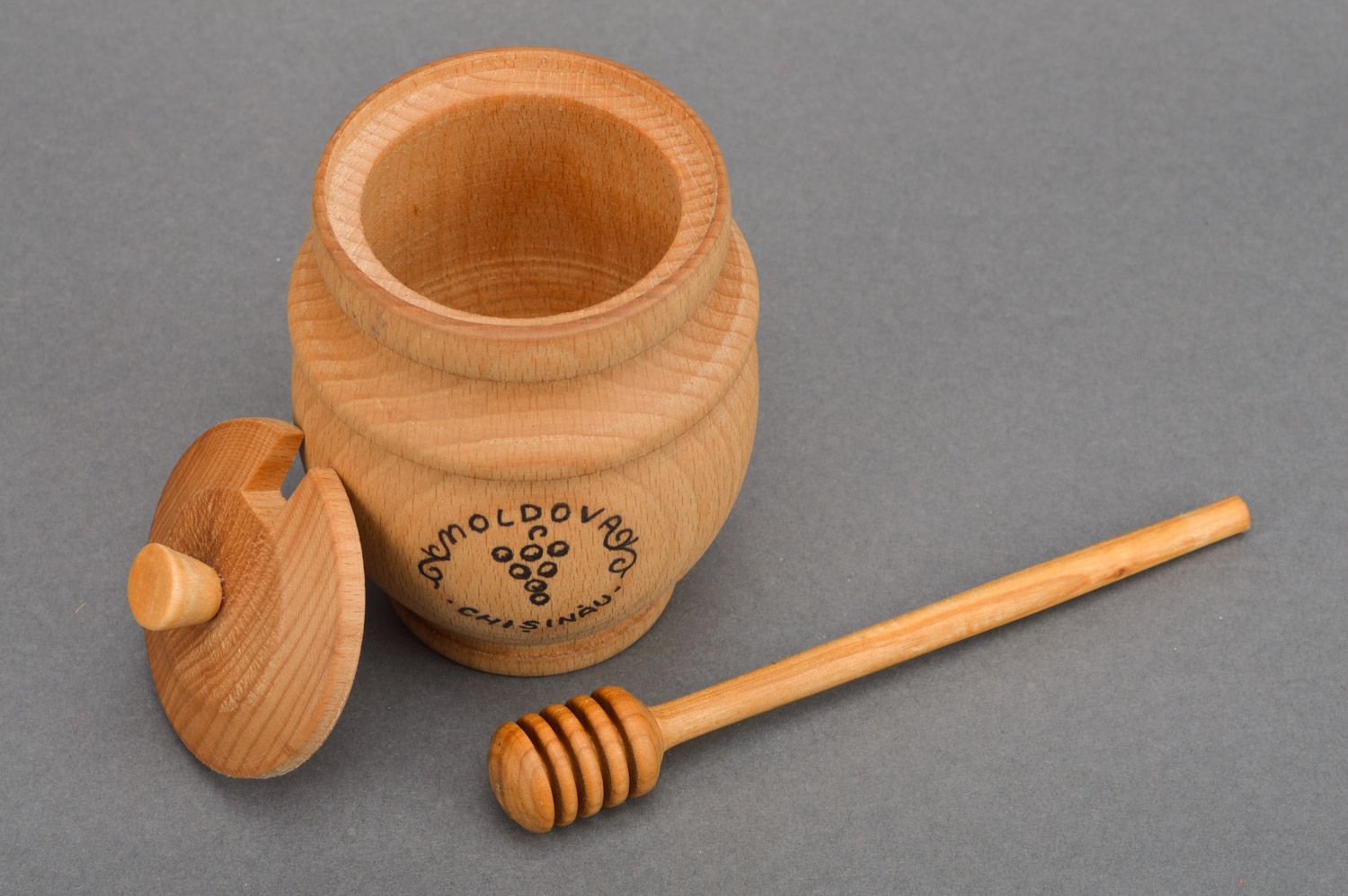 Beautiful convenient handmade carved wooden honey pot with spoon photo 2