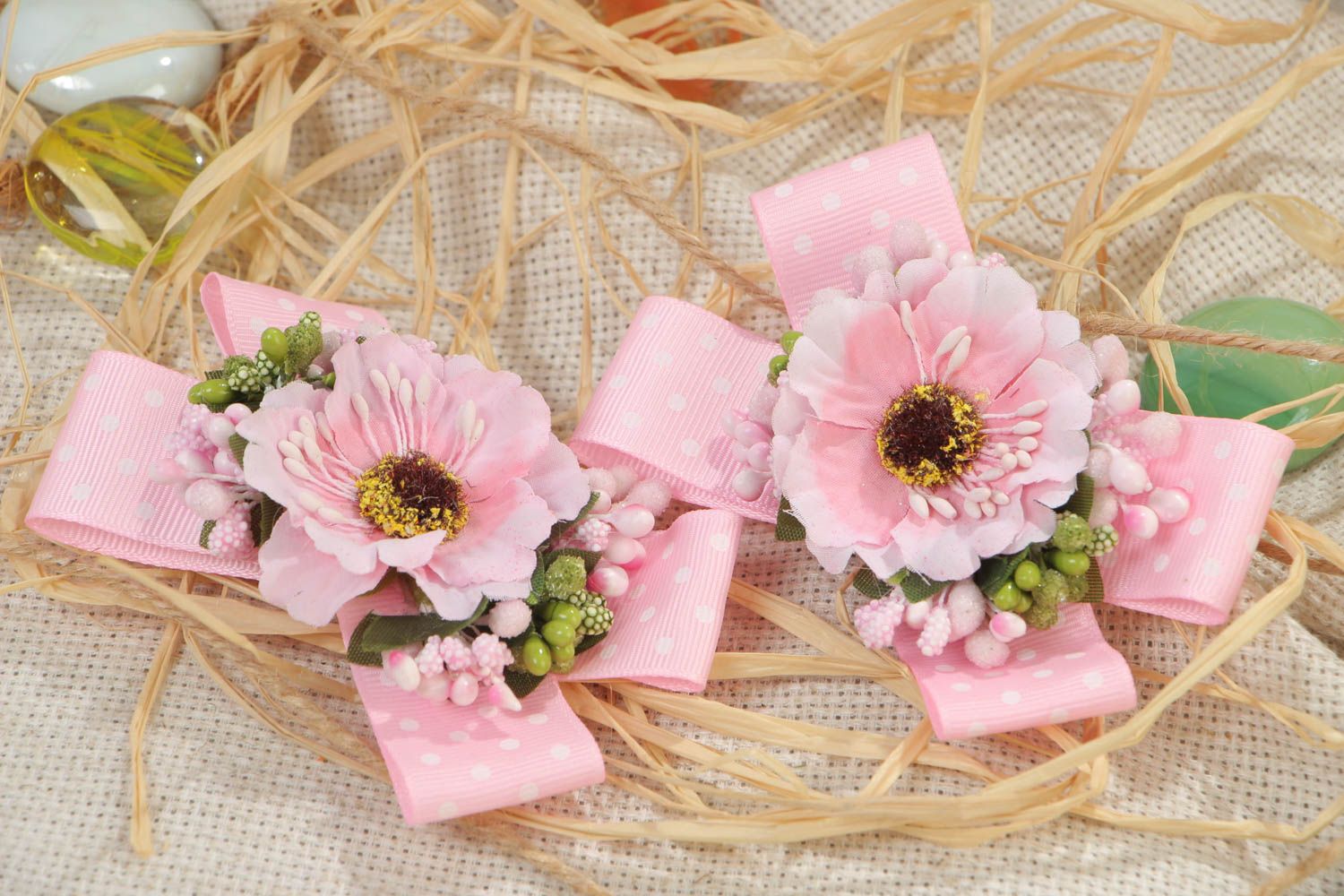Handmade hair clips with ribbon bows and flowers of tender pink color 2 items photo 1