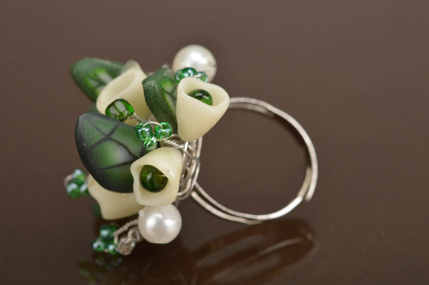 Designer polymer clay handmade ring bouquet of snowdrops with adjustable size photo 5