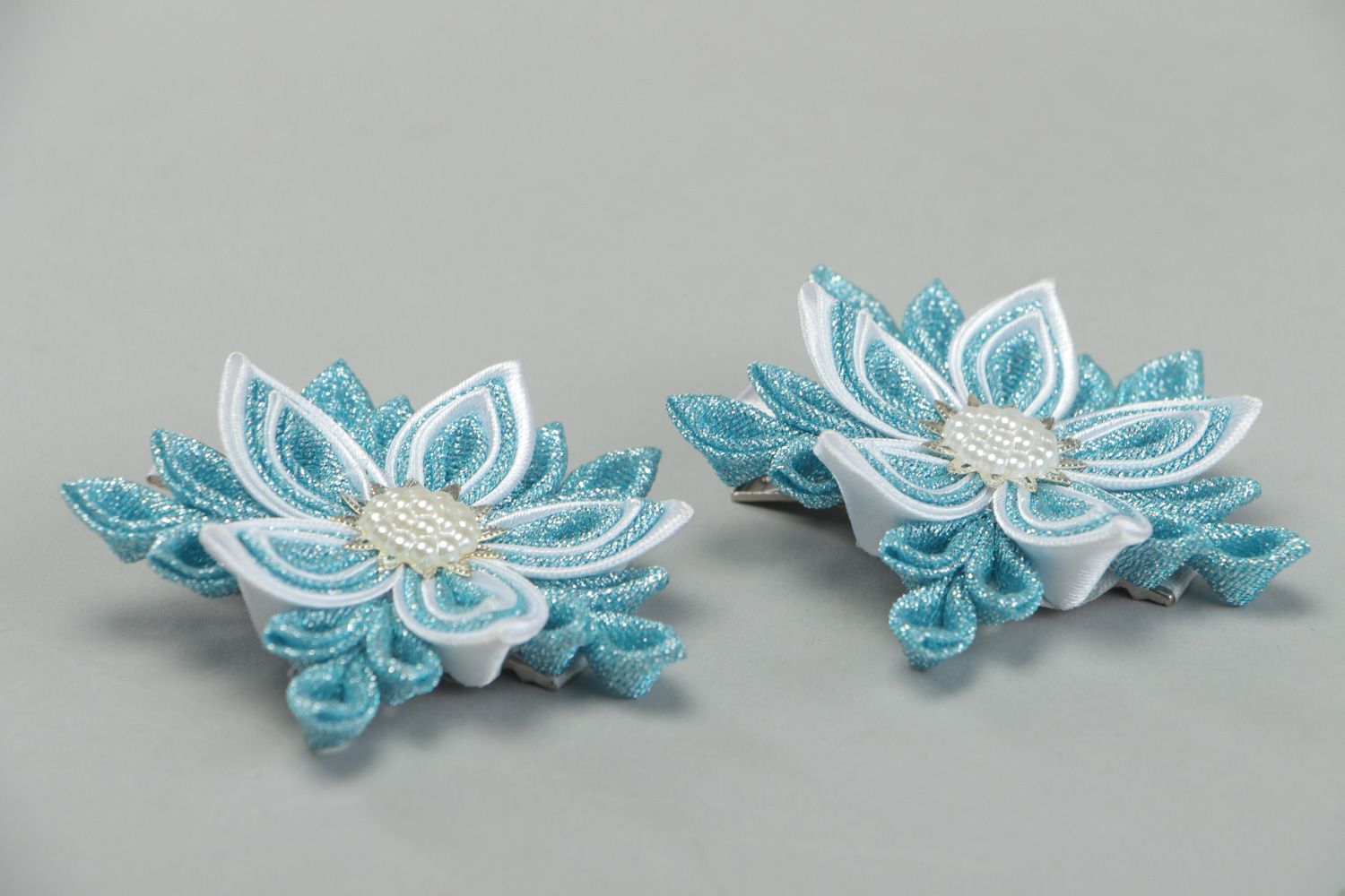 Set of handmade hair clips with satin and brocade kanzashi flowers in blue color photo 2