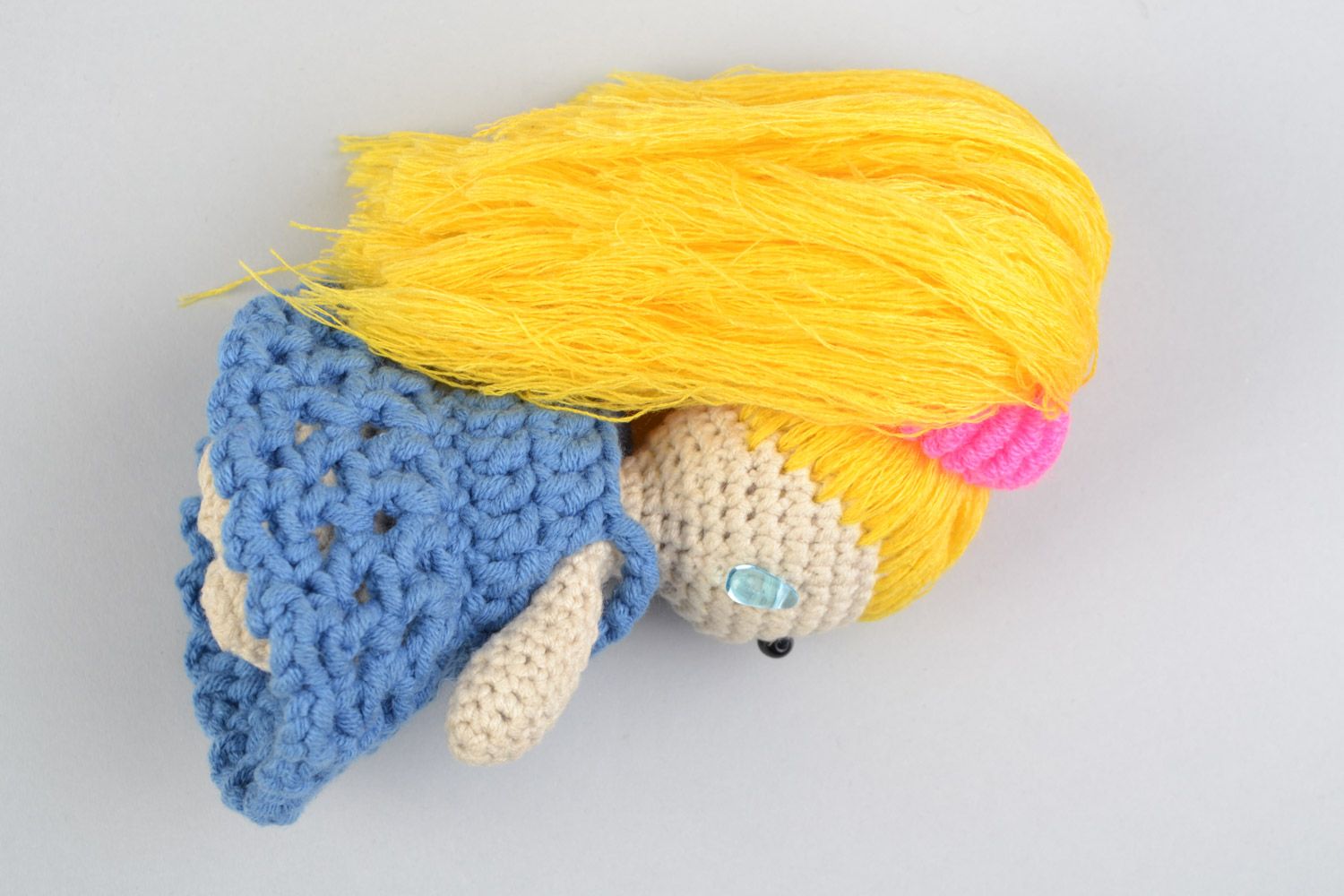 Handmade soft toy crocheted of cotton and acrylic threads Girl with long hair photo 5
