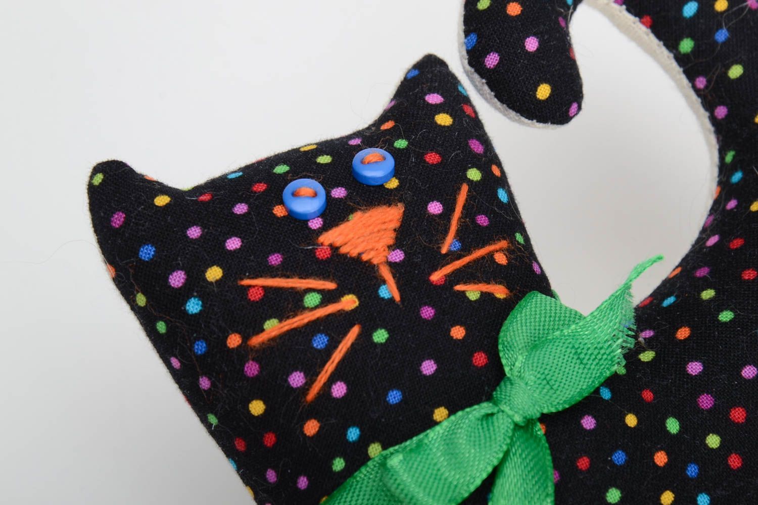 Handmade designer hanging cotton fabric soft toy black cat with green bow photo 3