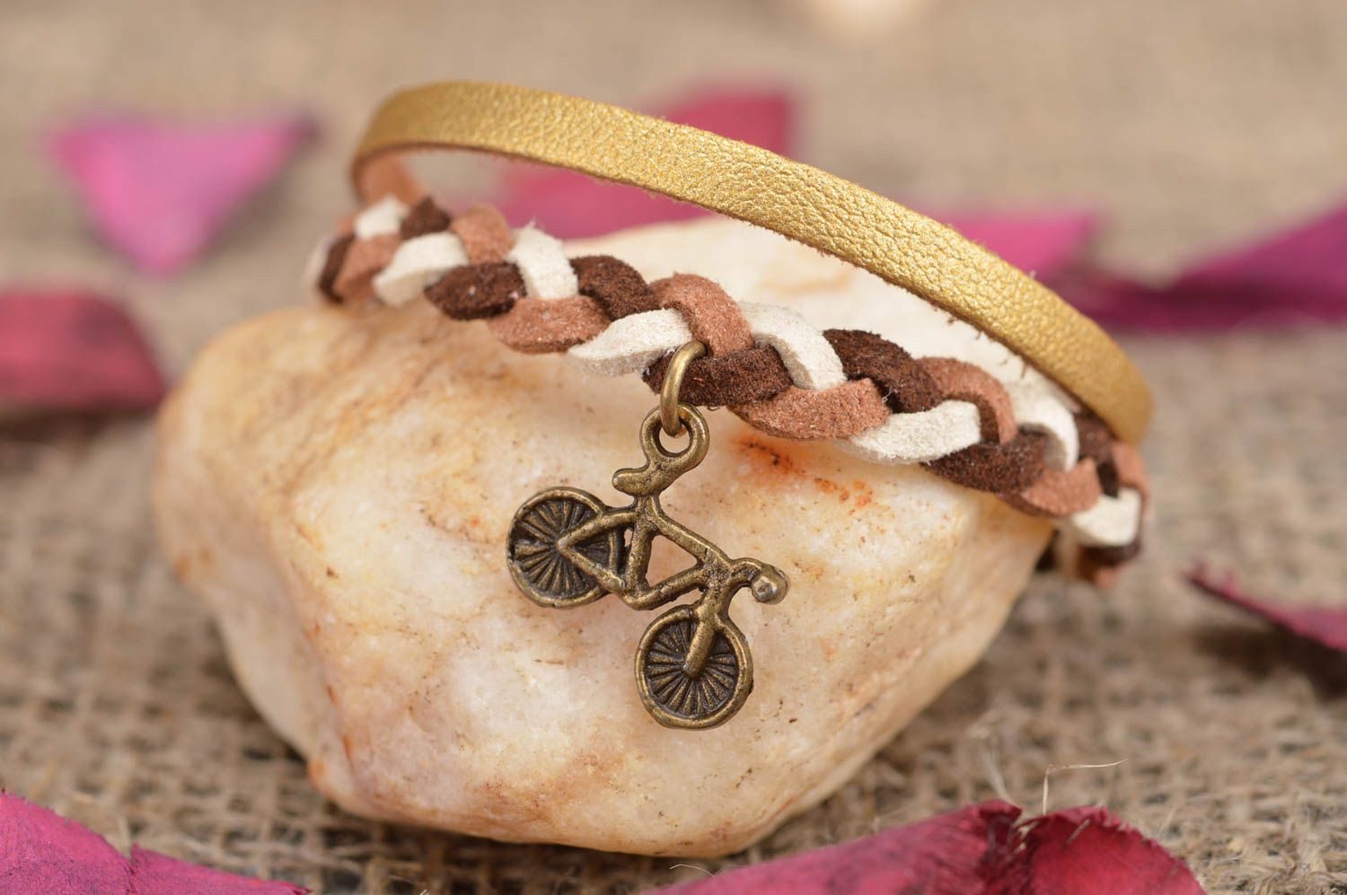 Handmade leather wrist bracelet with suede cord and metal charm Bicycle photo 1