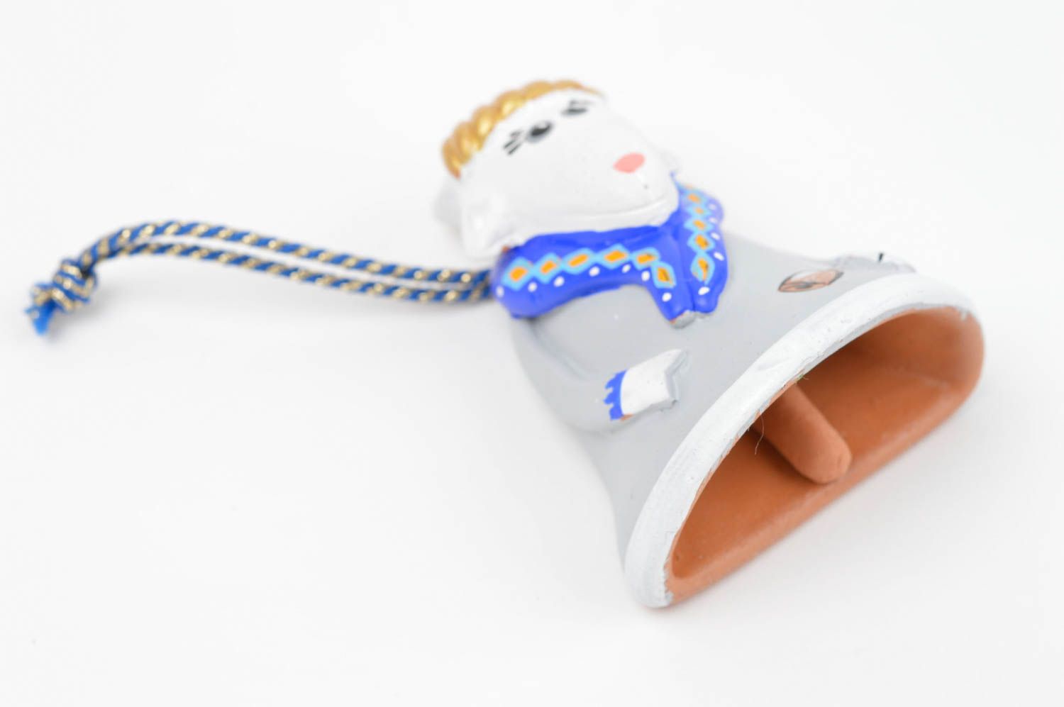 Clochette en céramique peinte blanc-bleu avec cordon faite main Chèvre photo 4