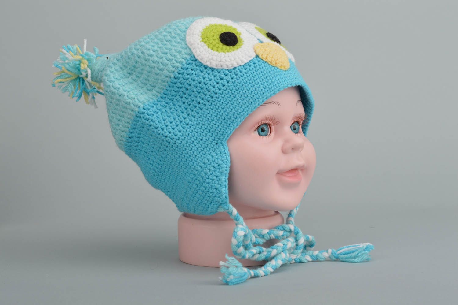 Handmade cute designer crocheted cap turquoise owl made of cotton and wool photo 5