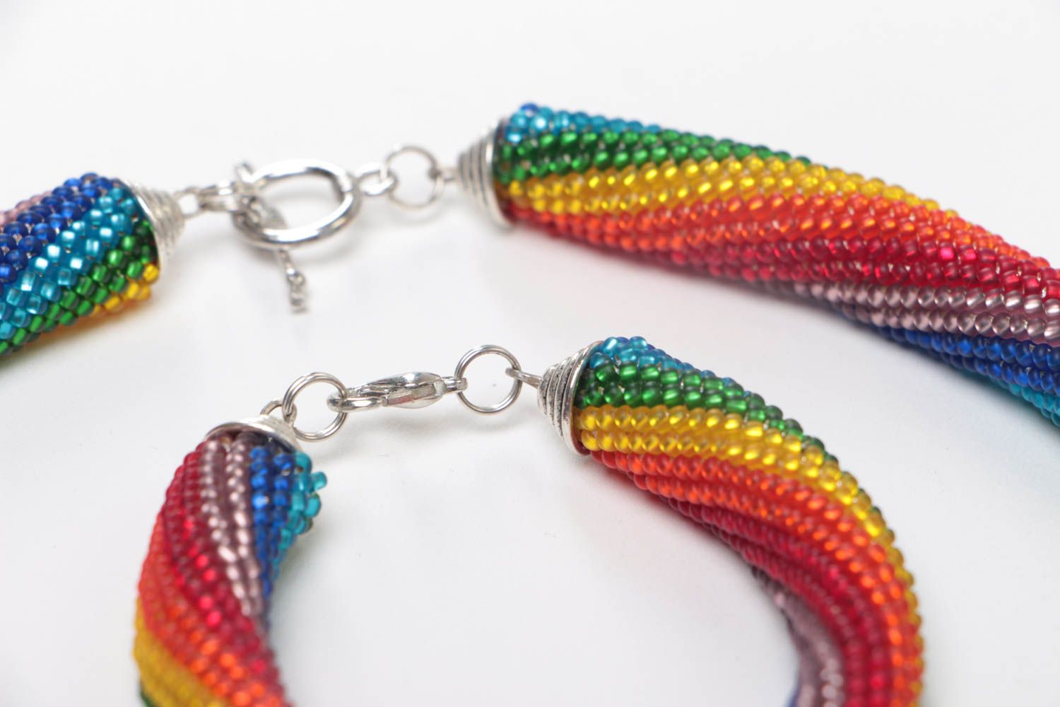 Handmade beaded cord jewelry set of rainbow coloring necklace and wrist bracelet photo 4