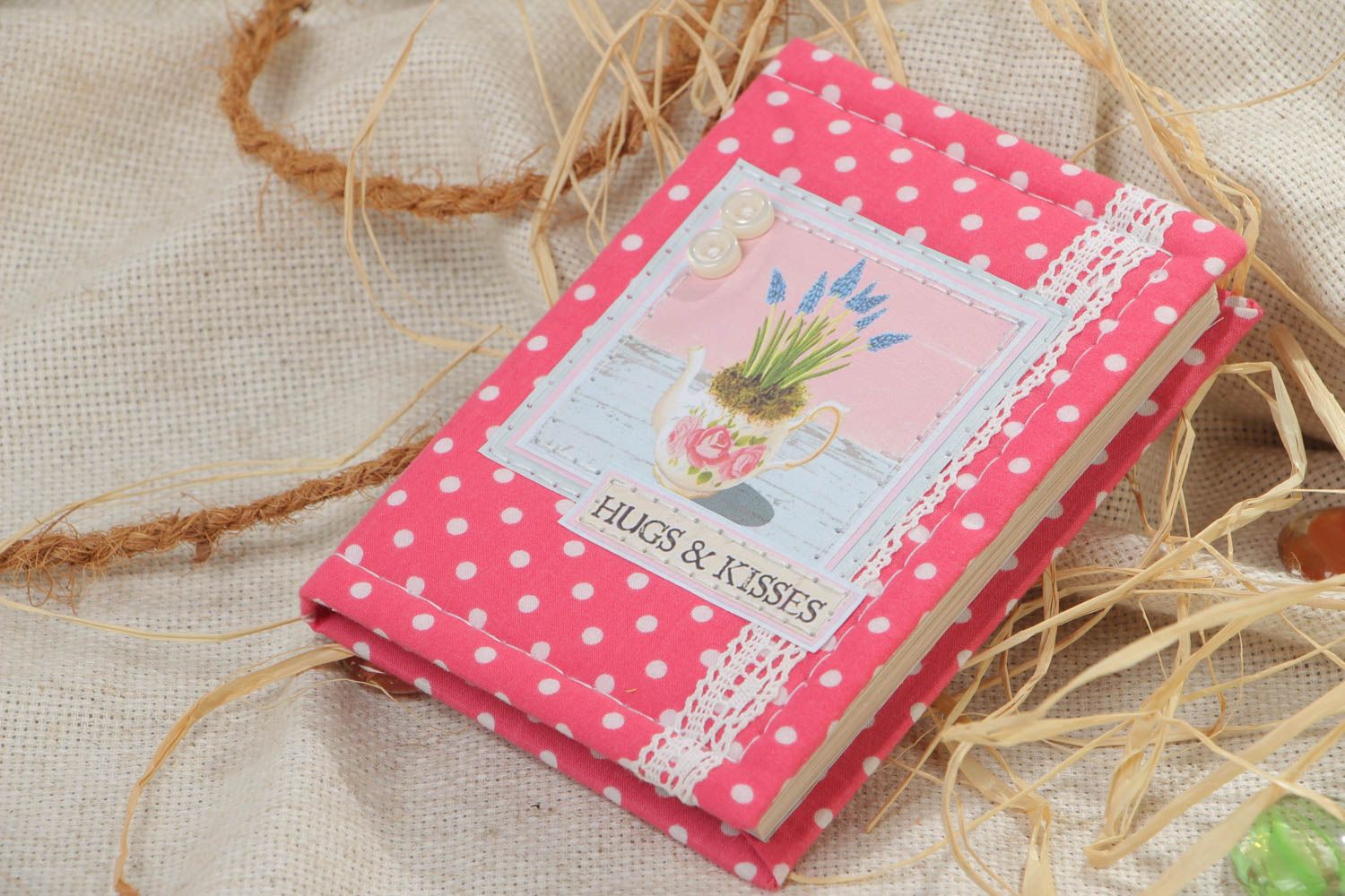 Handmade notebook with soft cover of pink color with white polka dot pattern and lace photo 1