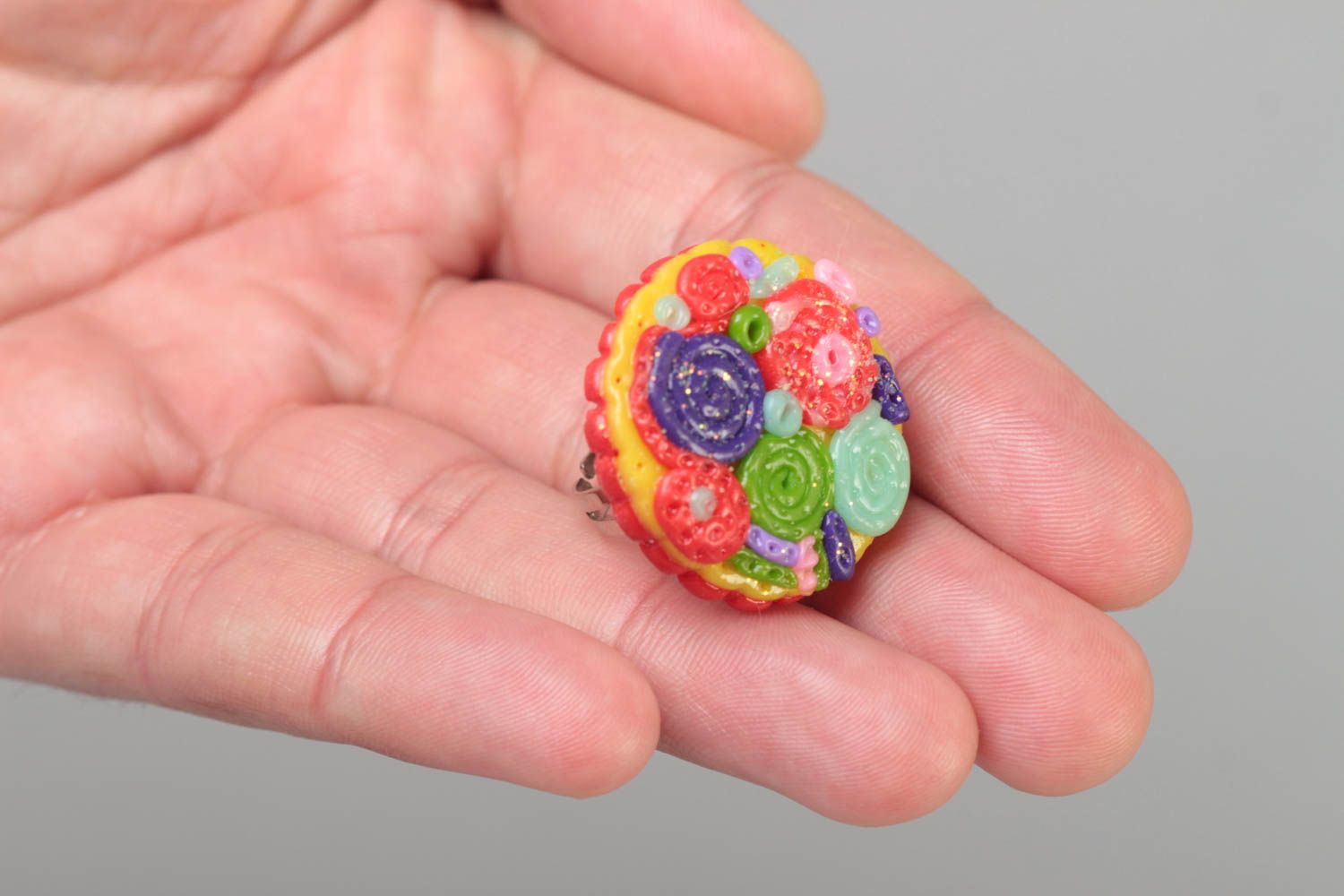 Handmade massive jewelry ring with colorful polymer clay top and metal basis photo 5