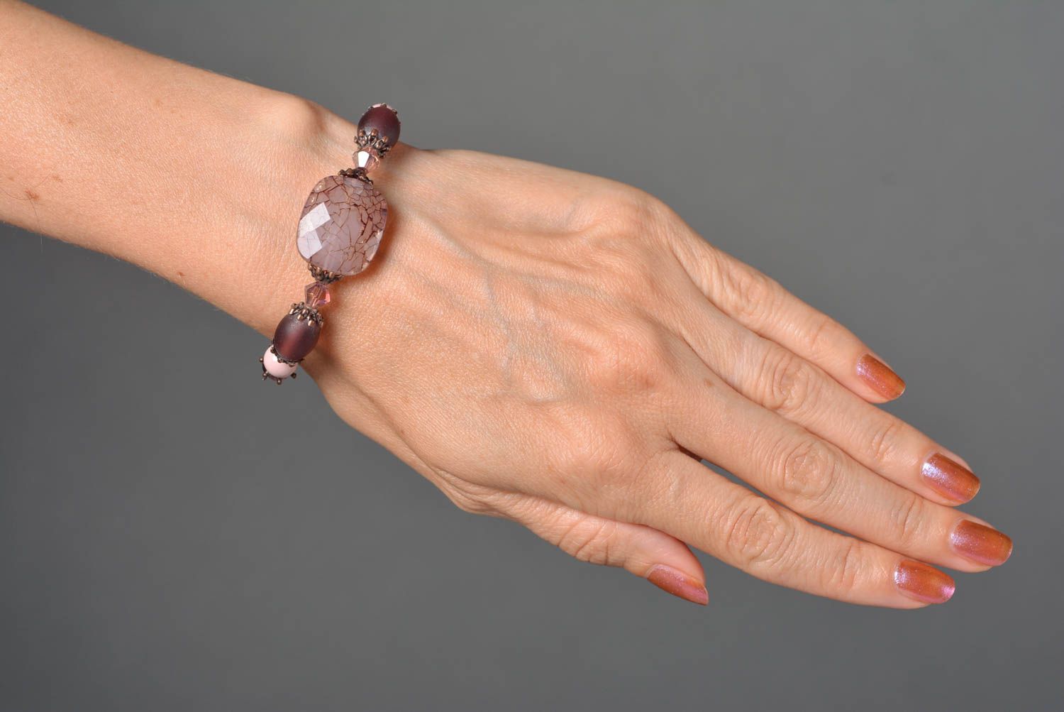 Stylish handmade glass beads pale cherry brown bracelet for women photo 4