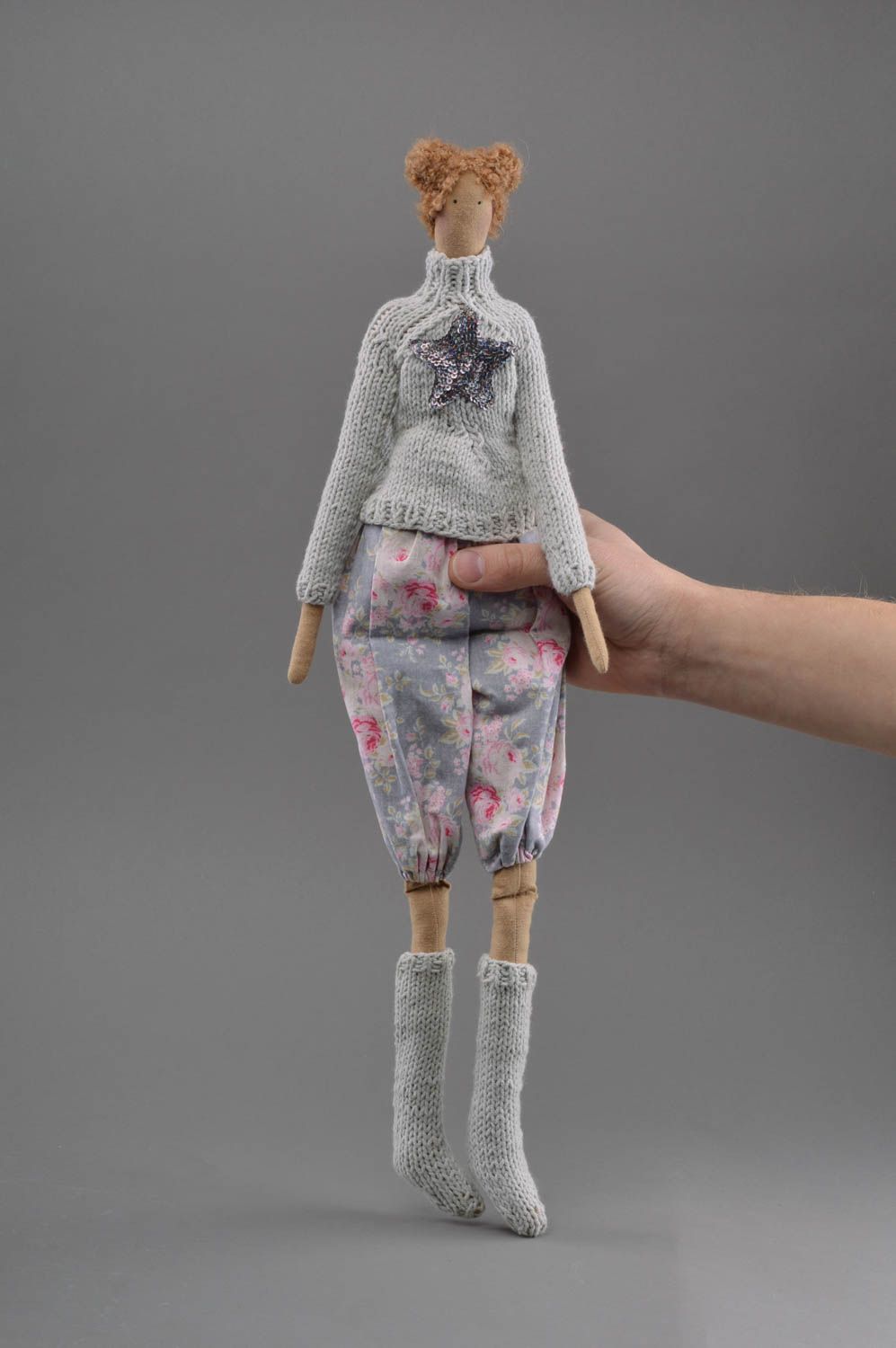 Handmade designer fabric soft doll stylish girl in knit sweater and stockings photo 4