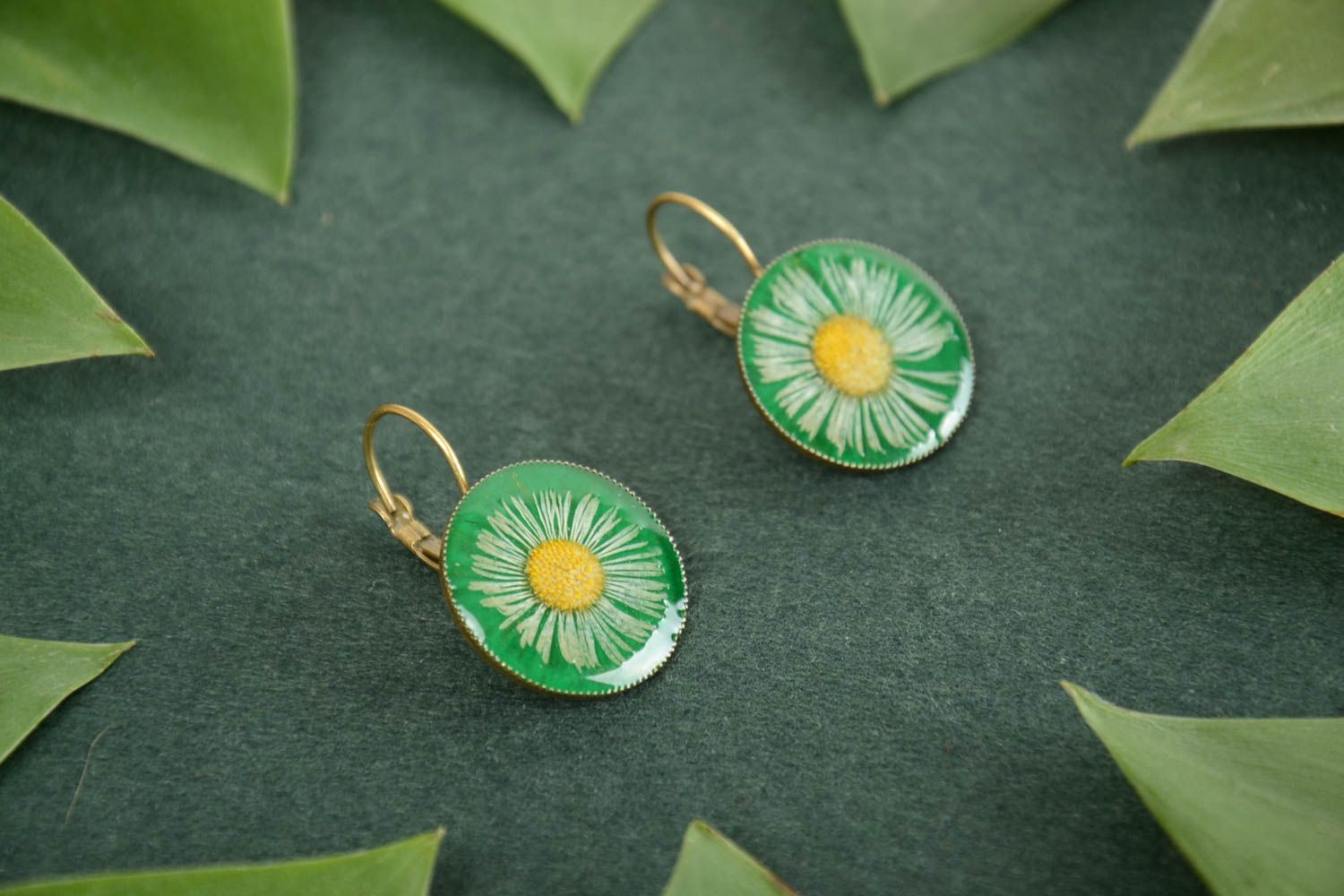 Beautiful green round handmade earrings with dried flowers coated with epoxy photo 1