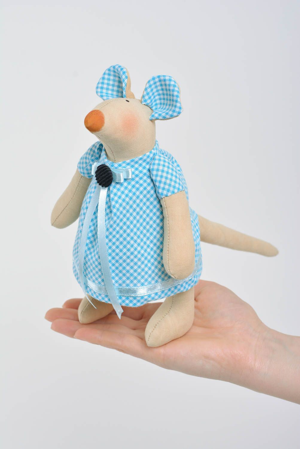 Soft toy mouse in blue dress beautiful handmade fabric toy for home decor photo 4