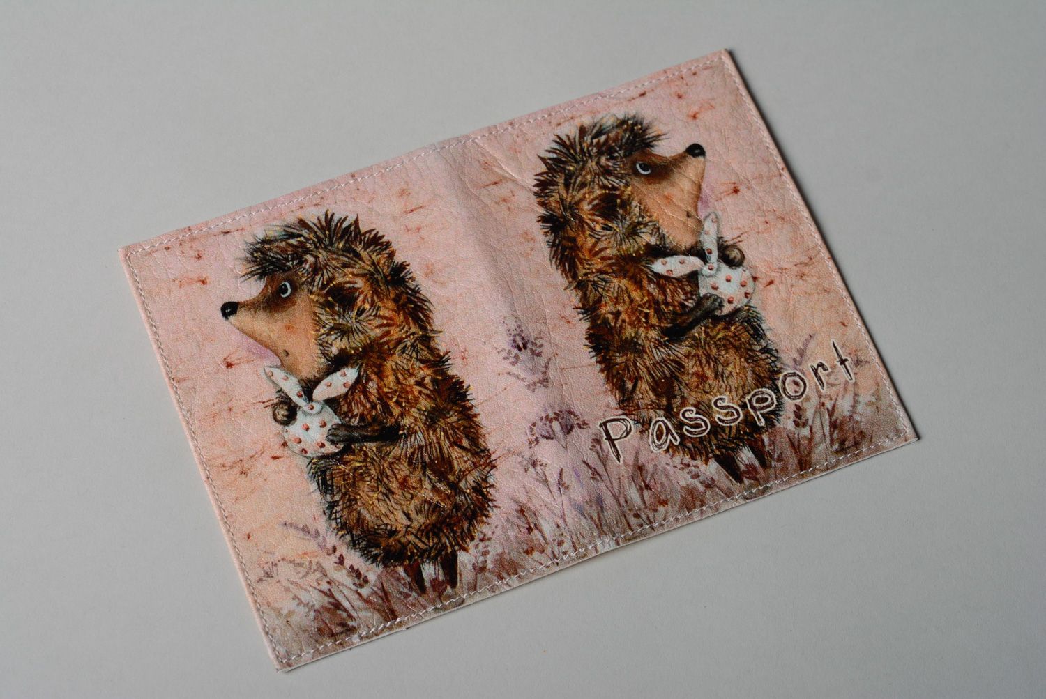Homemade artificial leather passport cover with print Hedgehog photo 2
