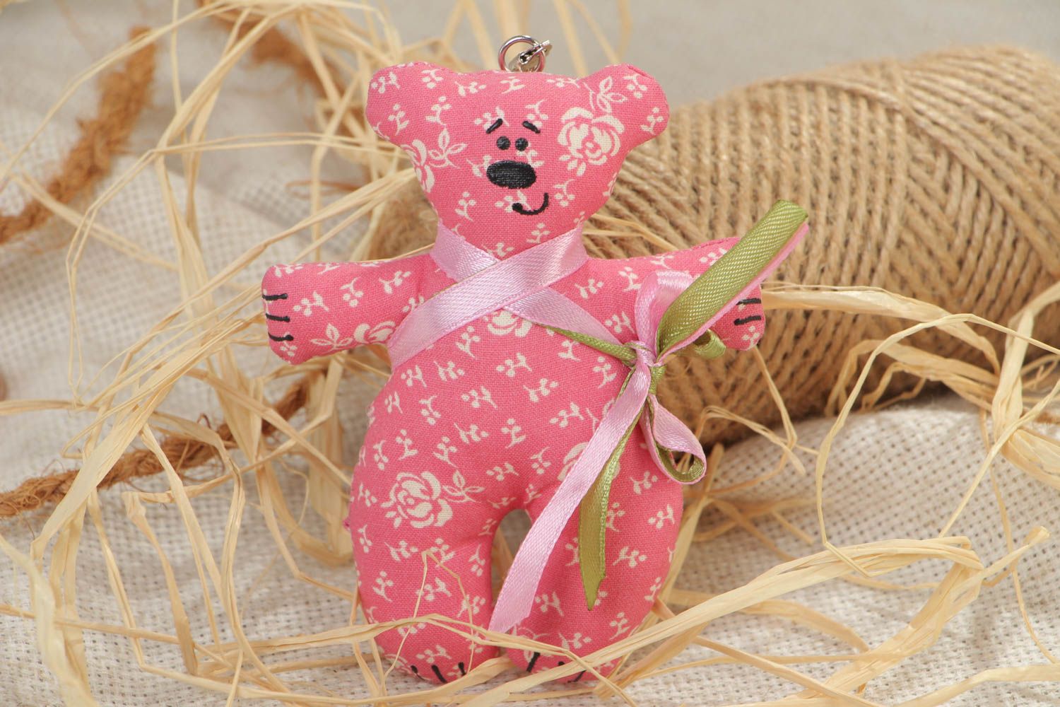 Handmade designer fabric soft keychain in the shape of pink bear photo 1
