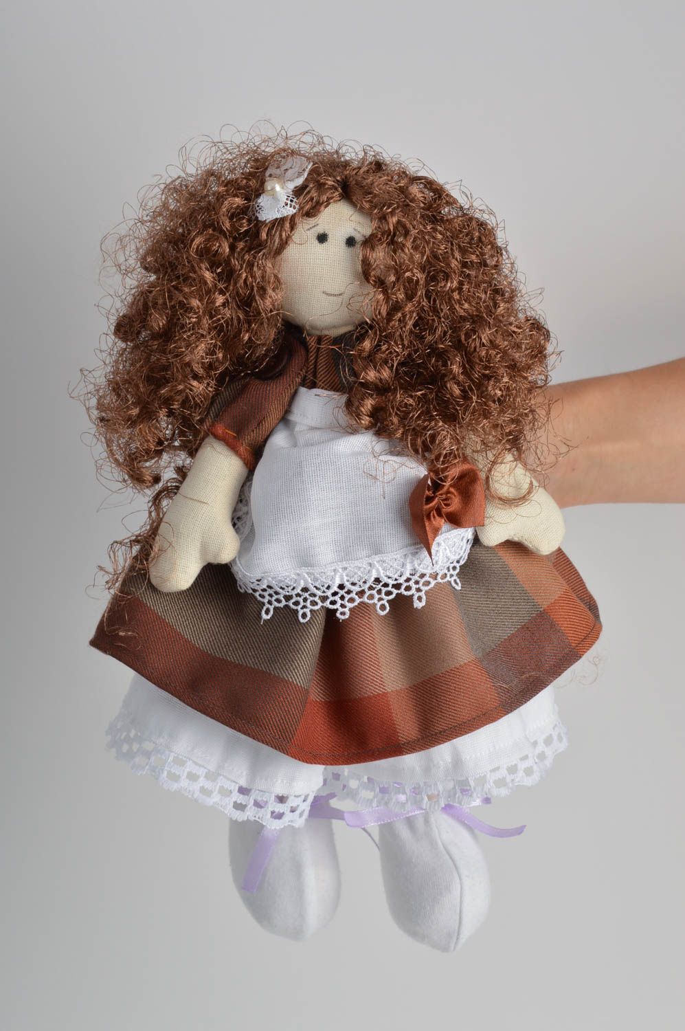 Handmade designer interior fabric soft doll little girl in brown and white dress photo 5