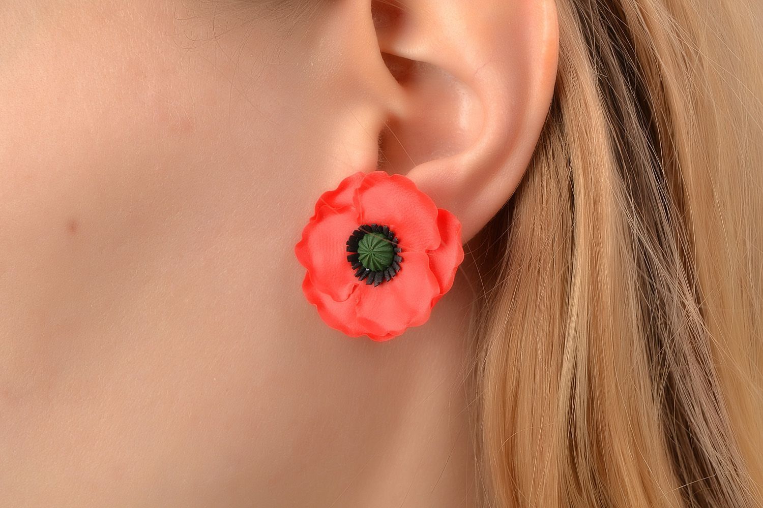 Handmade polymer clay stud earrings in the shape of large red poppy flowers  photo 2
