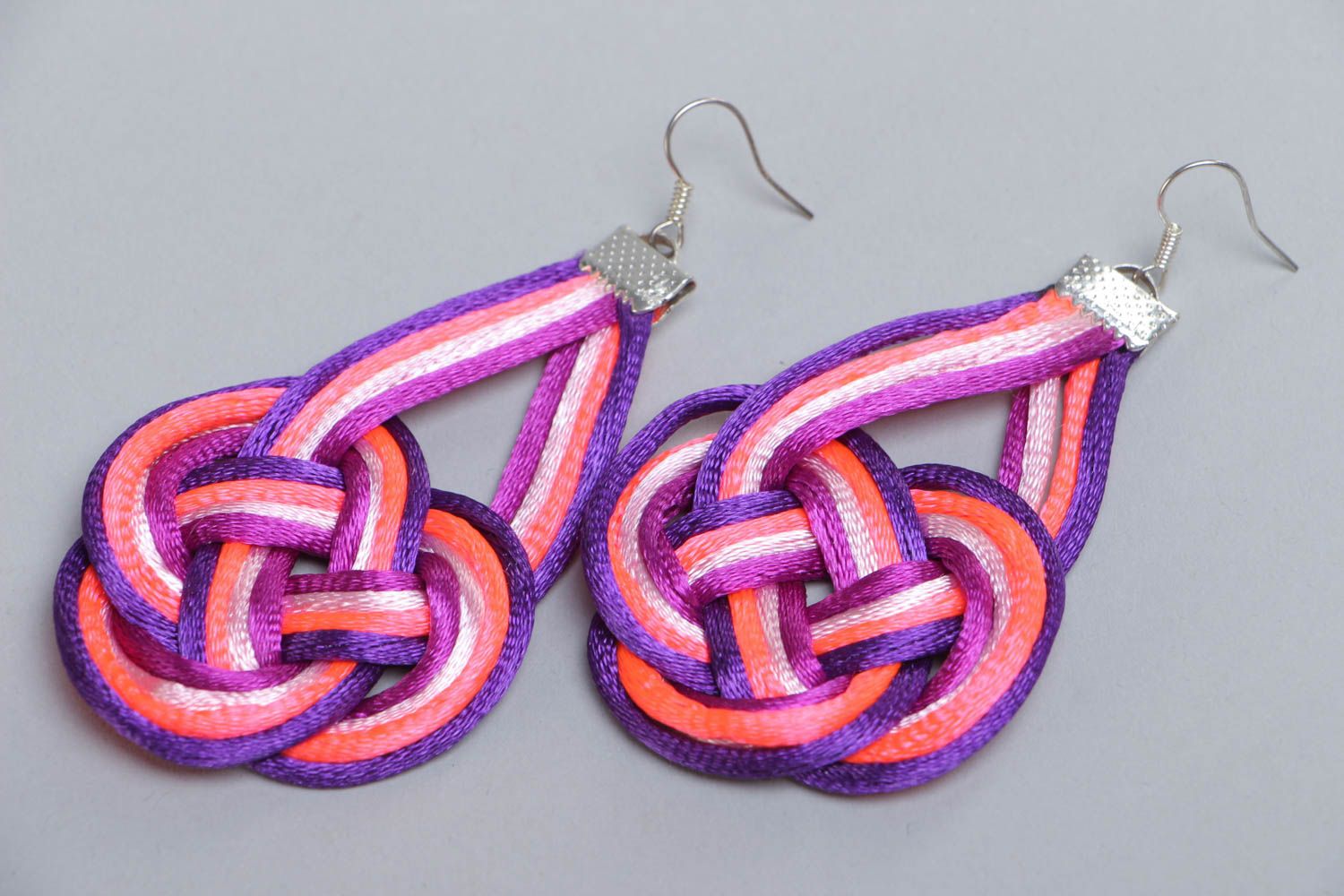 Handmade woven textile earrings made of cord for bright girls beautiful jewelry photo 2