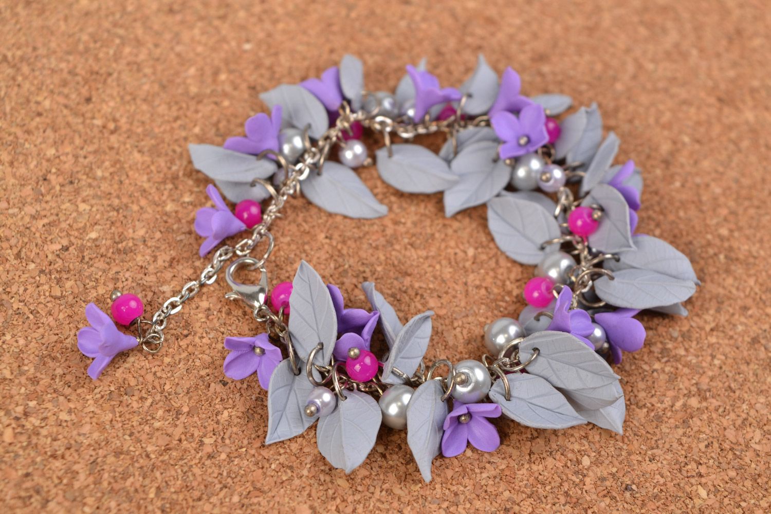 Chain charm bracelet with violet lilac flowers and gray leaves photo 1