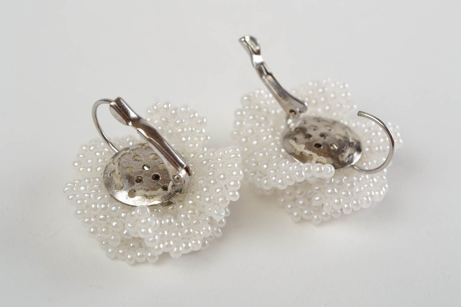 Beautiful handmade large white flower earrings woven of Czech beads photo 5