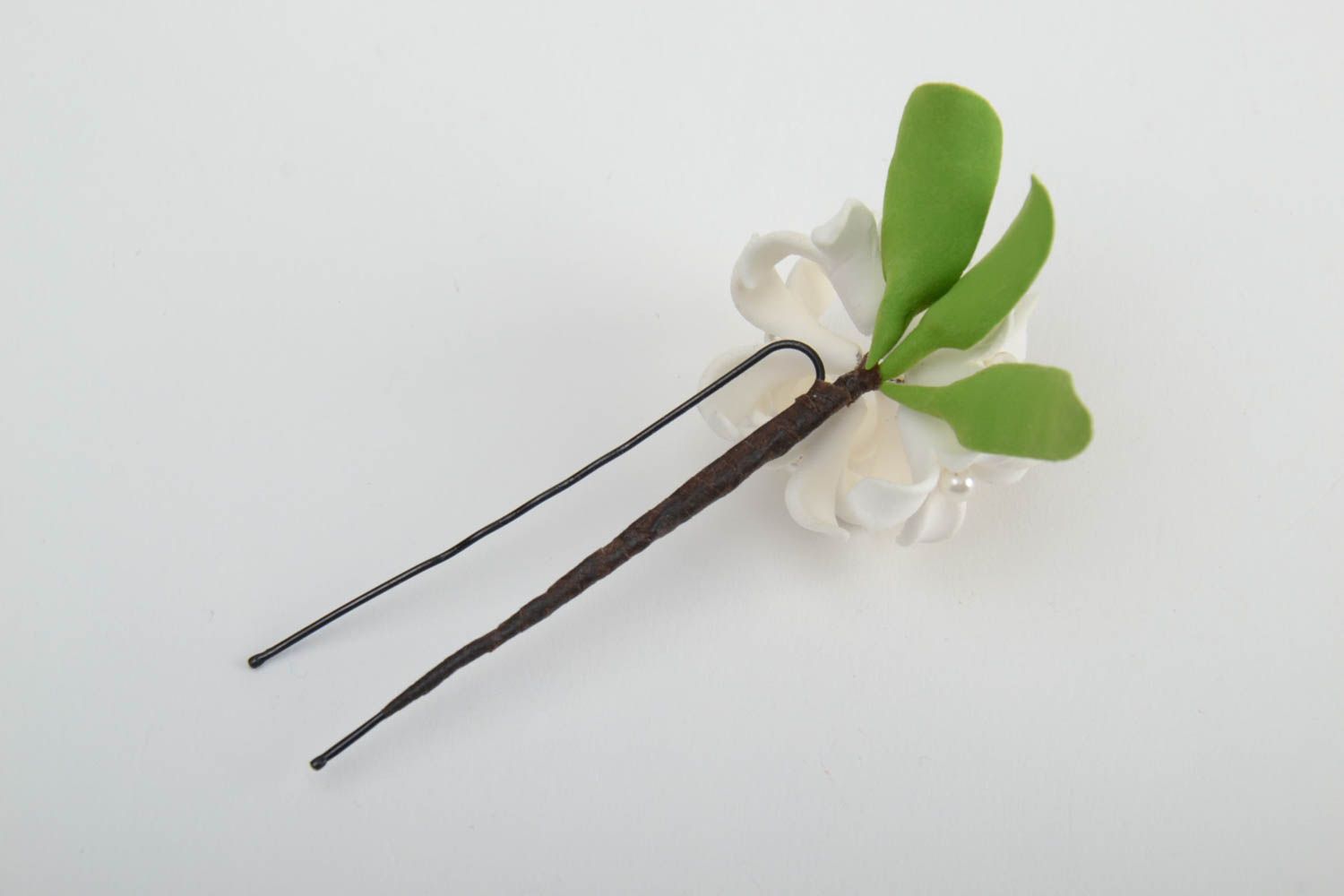 Handmade decorative metal hair pin with tender white self hardening clay flower photo 5