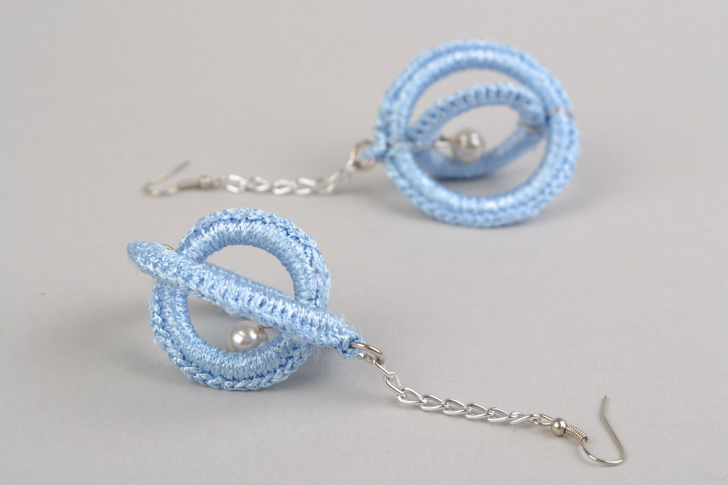 Handmade long earrings woven of viscose threads with plastic rings present for girl photo 3