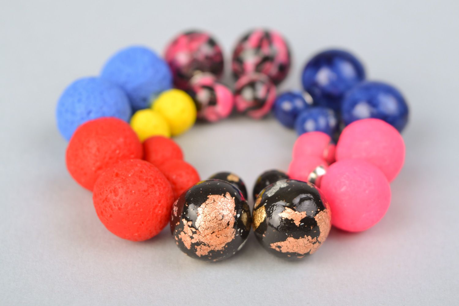 Set of handmade polymer clay earrings of round shape and bright colors 6 pairs photo 4