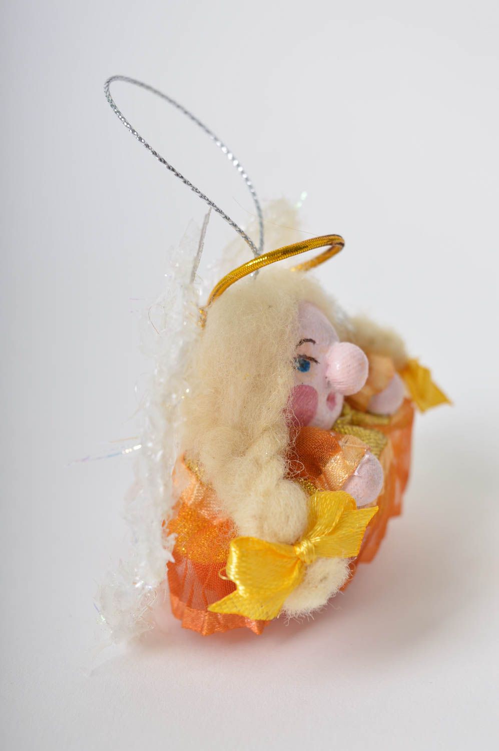Елочная игрушка ручной работы детская игрушка ангел мягкая игрушка оранжевая фото 3