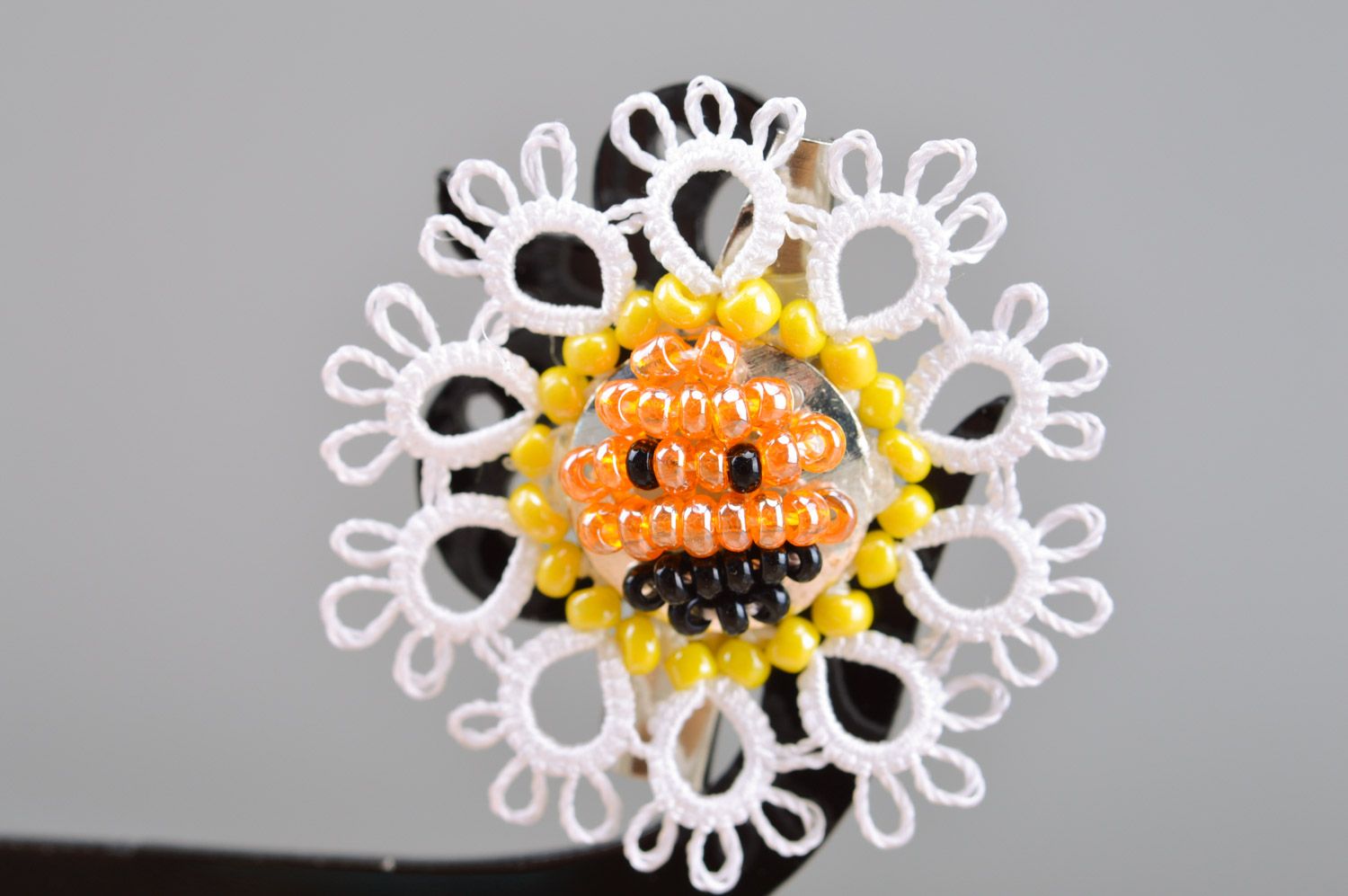 Handmade women's woven tatting brooch with beads of white color photo 3