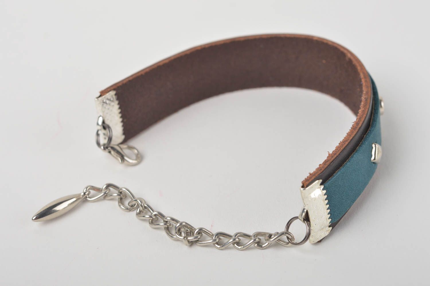 Bracelet cuir Bijoux fait main design original bleu brun Accessoire femme photo 4