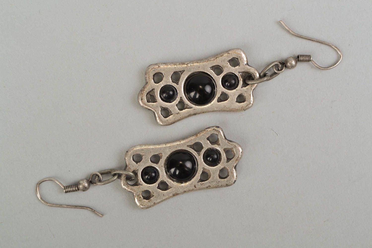 Metal earrings with black beads photo 3